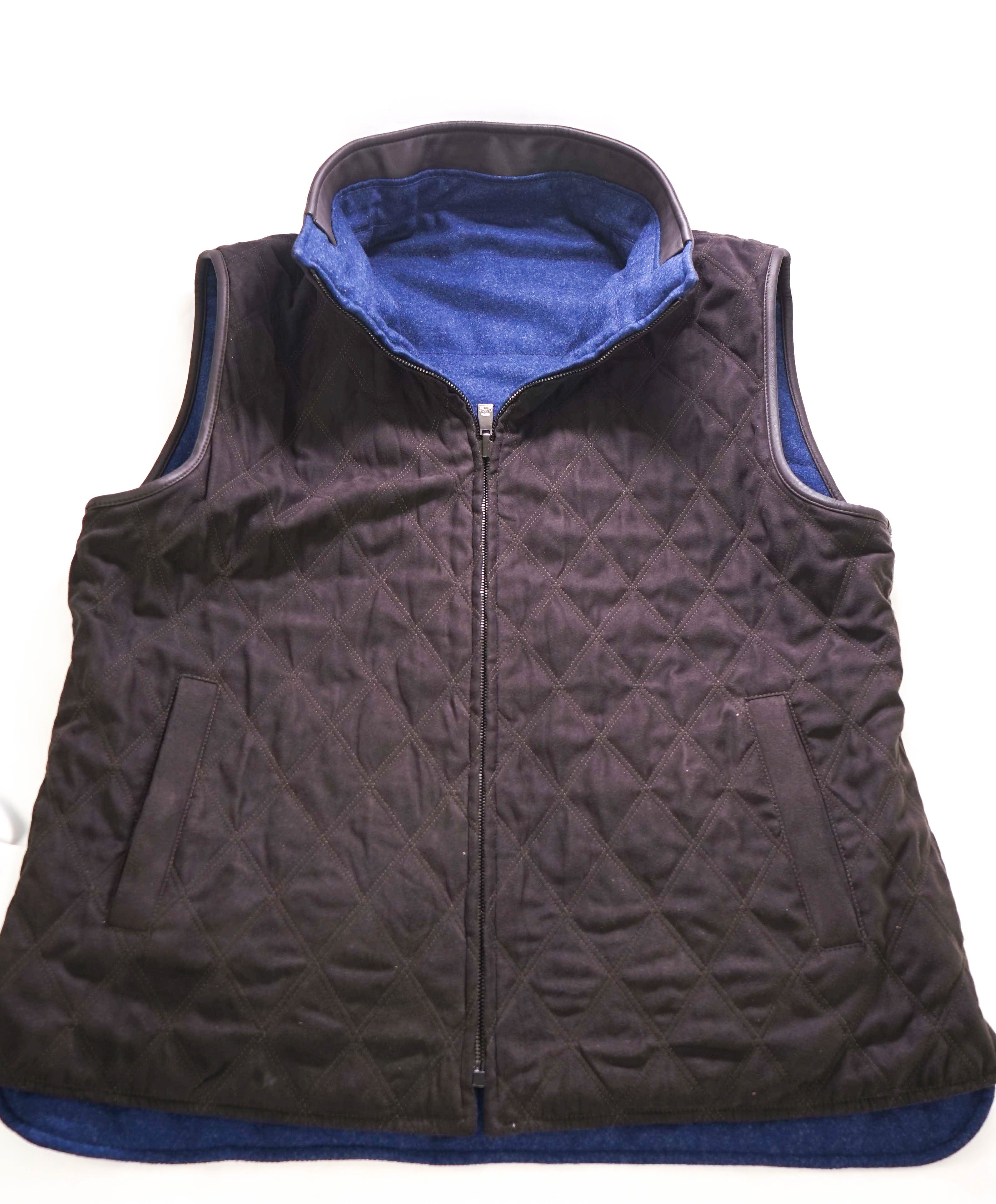 $1,595 CORNELIANI - Quilted Brown SUEDE & Blue Wool Reversible Vest - 40R