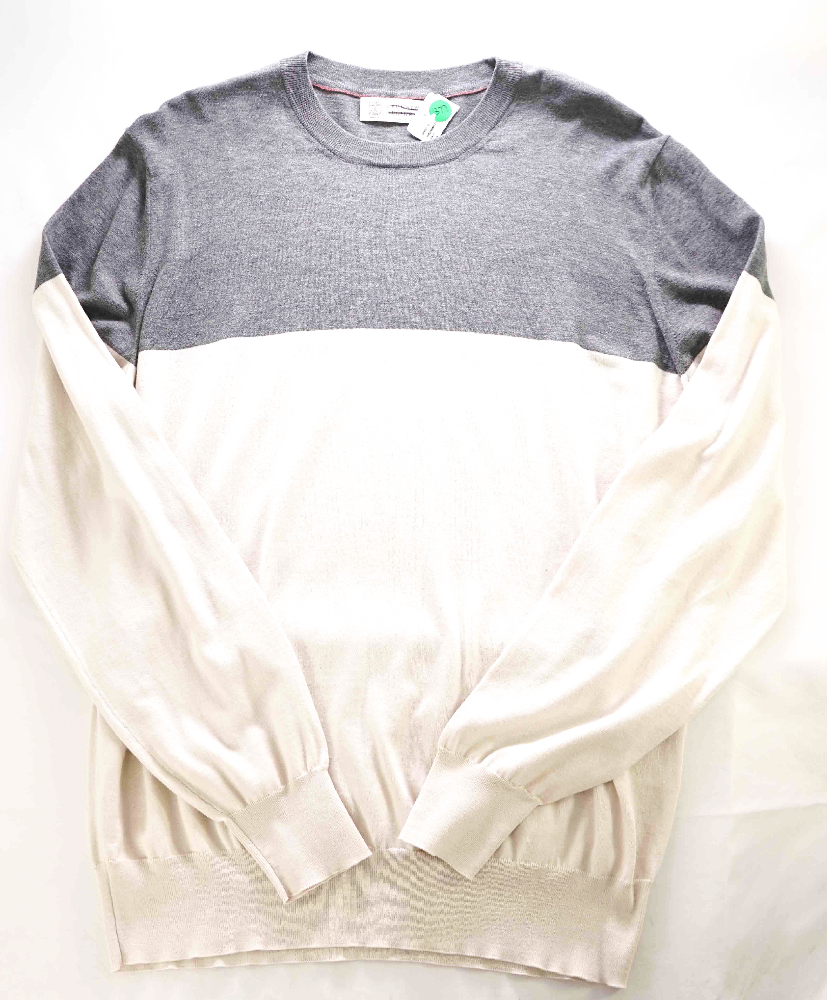 $995 BRUNELLO CUCINELLI - Gray/Ivory Color Block Cotton Crew Sweater- 52 (L)