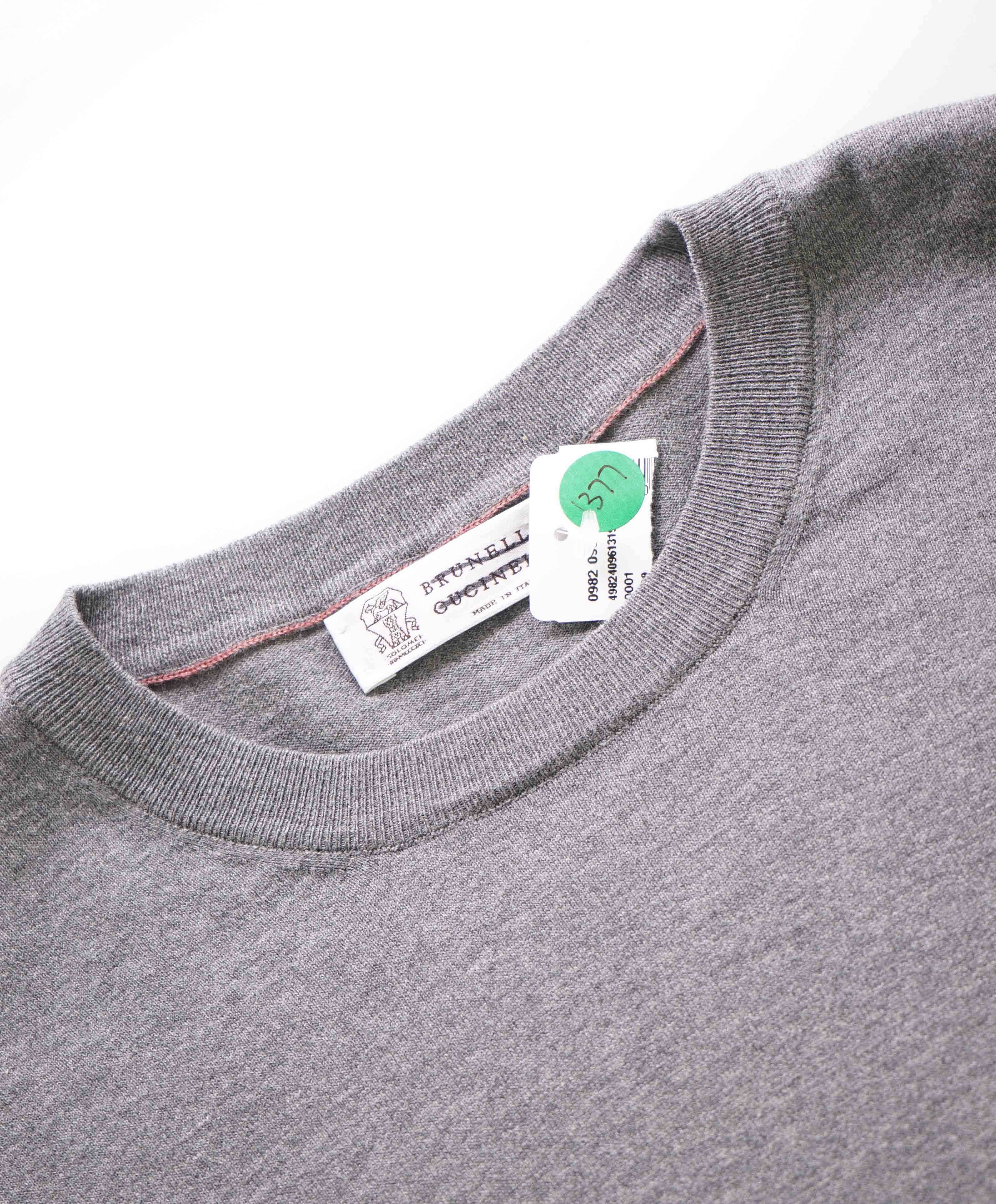 $995 BRUNELLO CUCINELLI - Gray/Ivory Color Block Cotton Crew Sweater- 52 (L)