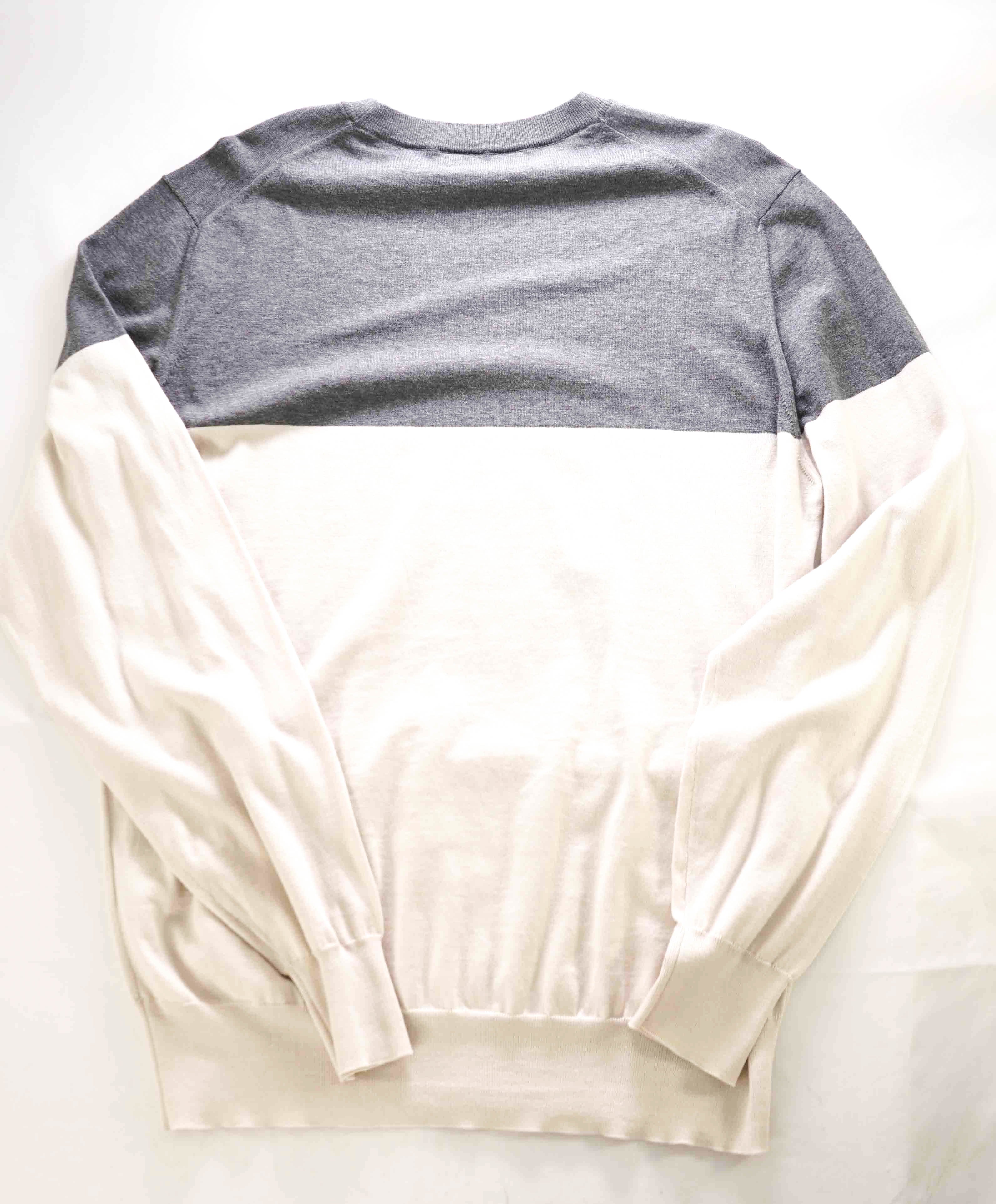 $995 BRUNELLO CUCINELLI - Gray/Ivory Color Block Cotton Crew Sweater- 52 (L)