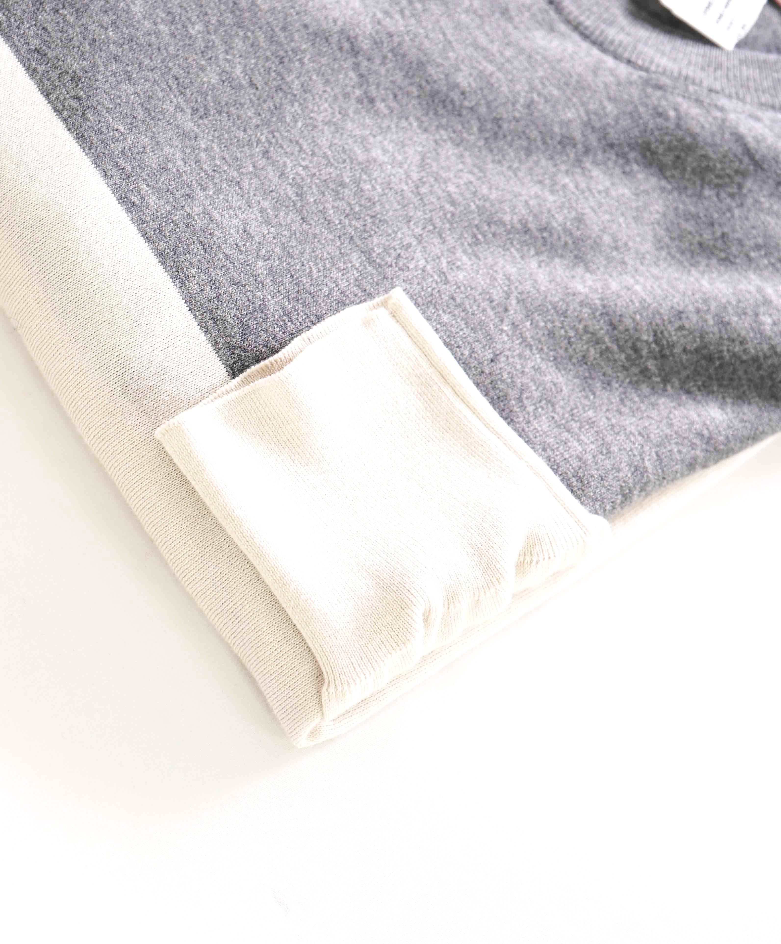 $995 BRUNELLO CUCINELLI - Gray/Ivory Color Block Cotton Crew Sweater- 52 (L)