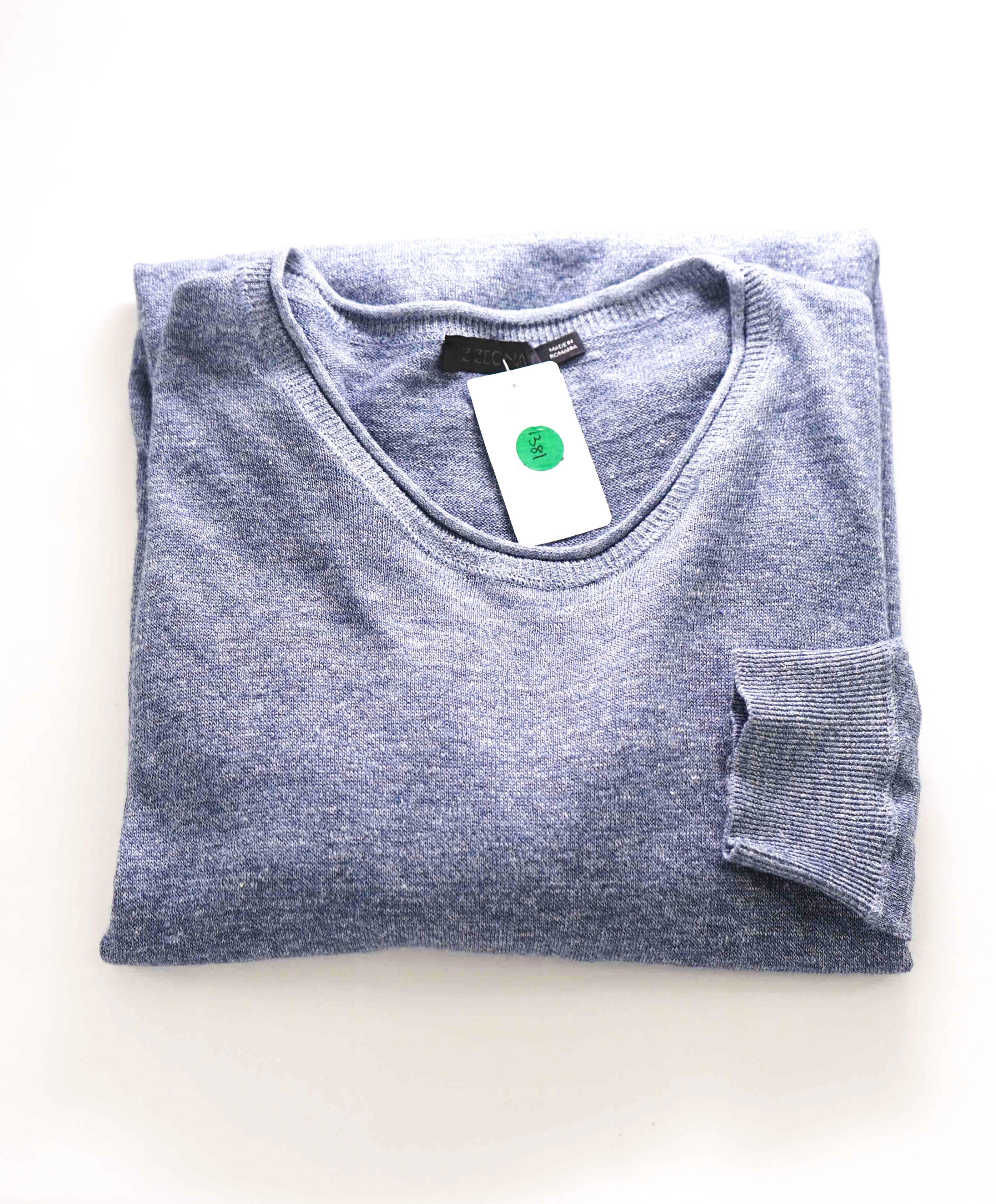 $795 Z ZEGNA - LINEN/COTTON Logo Blue Crewneck Sweater- XXL