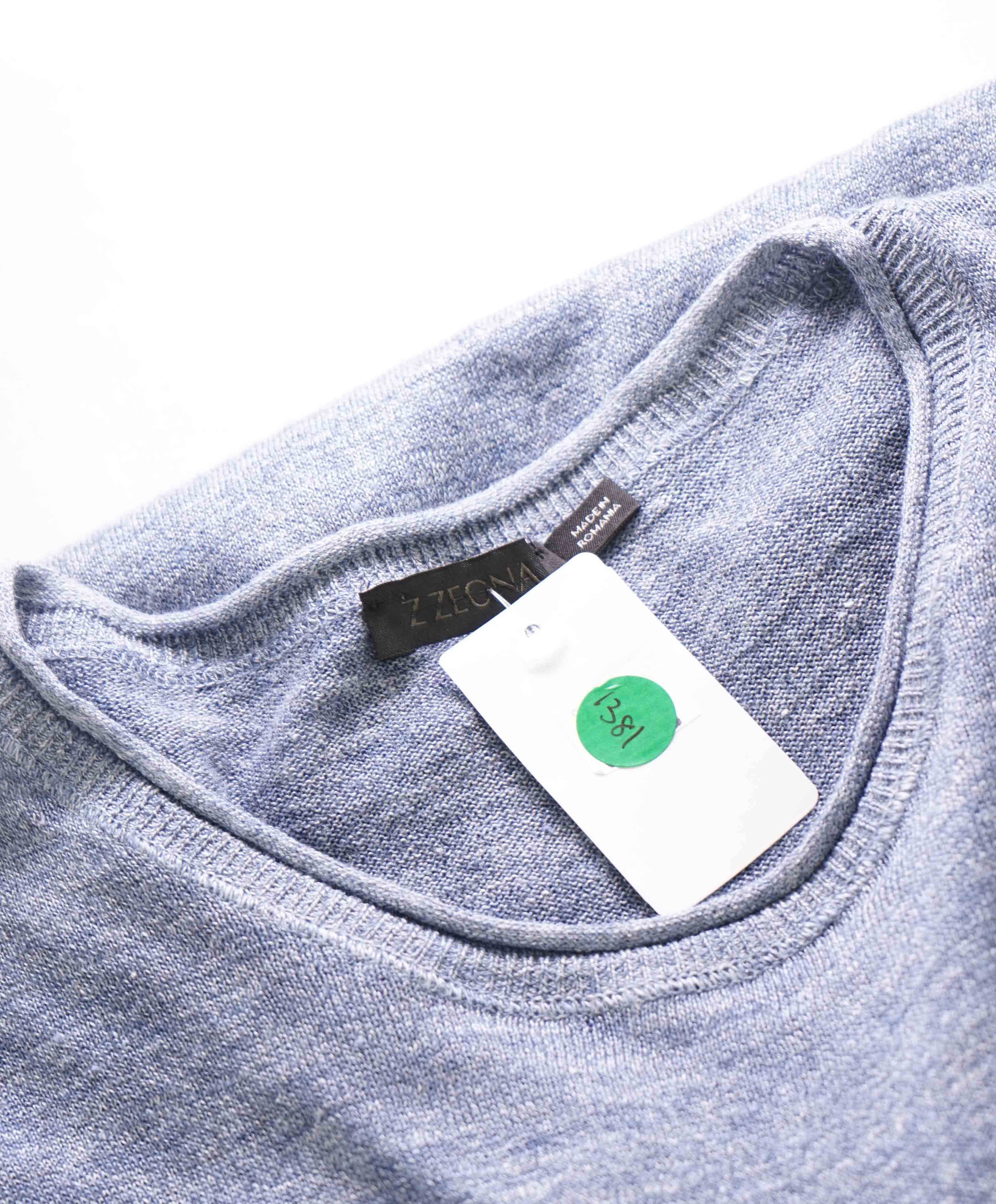 $795 Z ZEGNA - LINEN/COTTON Logo Blue Crewneck Sweater- XXL