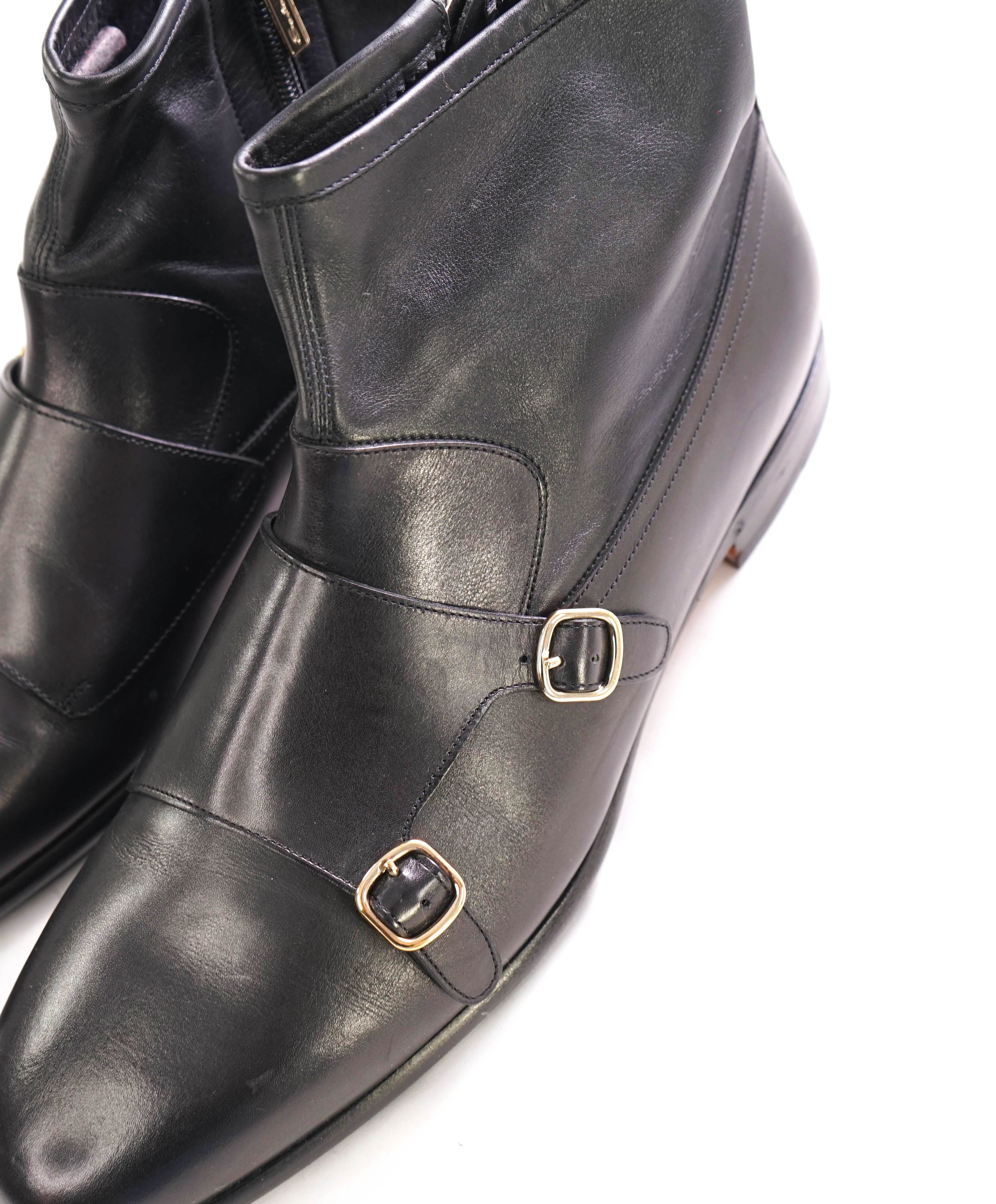 $1,295 SANTONI - Black Almond-Toe Double Monk Zip Boot - 12 US (11 SANTONI STAMPED)