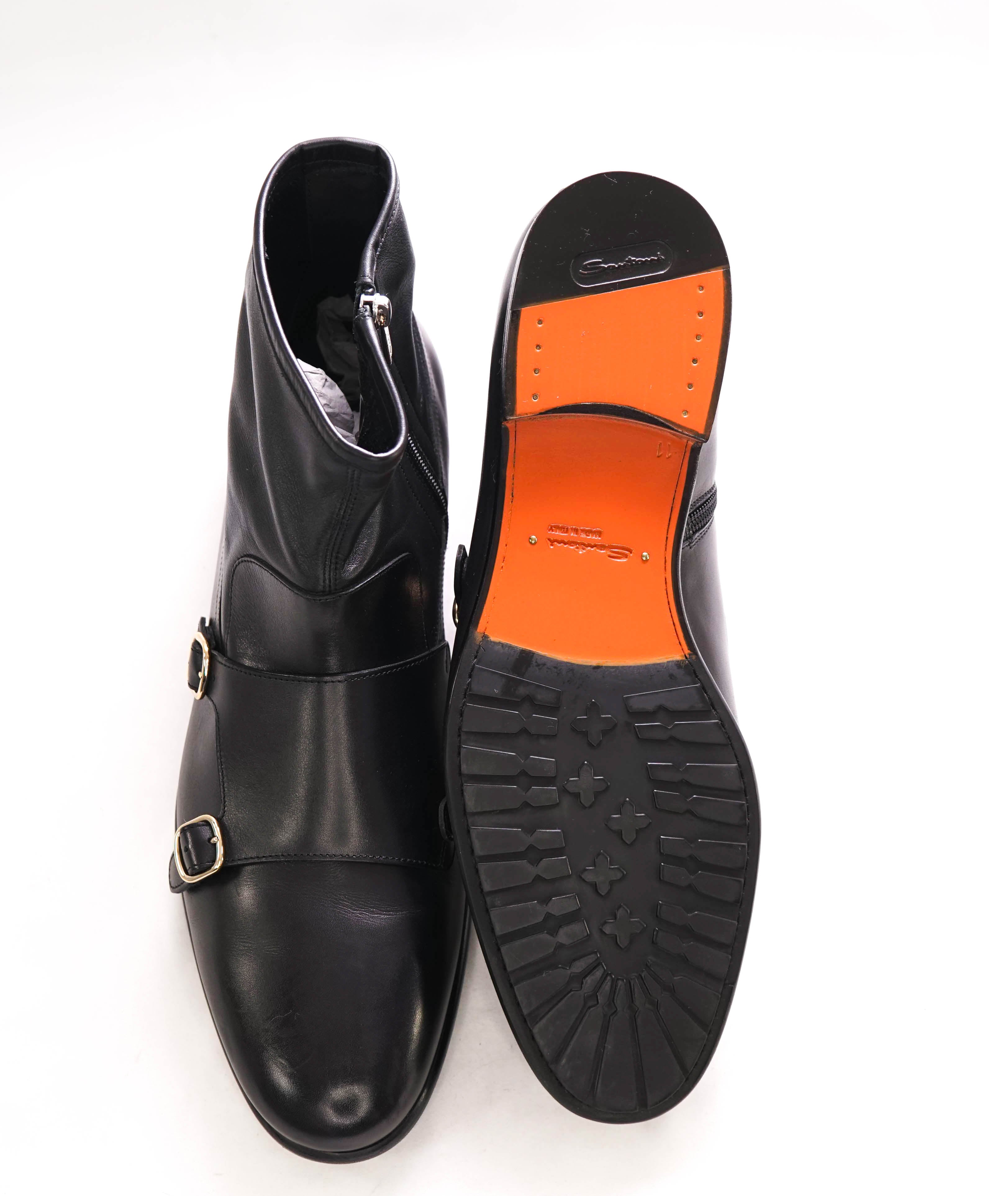 $1,295 SANTONI - Black Almond-Toe Double Monk Zip Boot - 12 US (11 SANTONI STAMPED)
