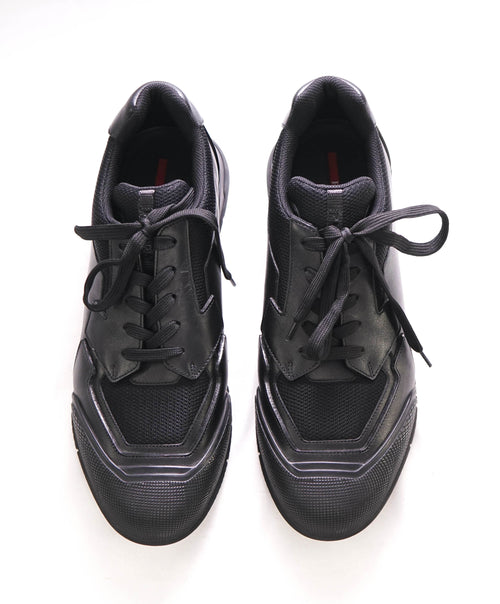 $1,150 PRADA - *Line Rossa* Black Leather Sneakers With Logo Detail - 11 US (10 IT)