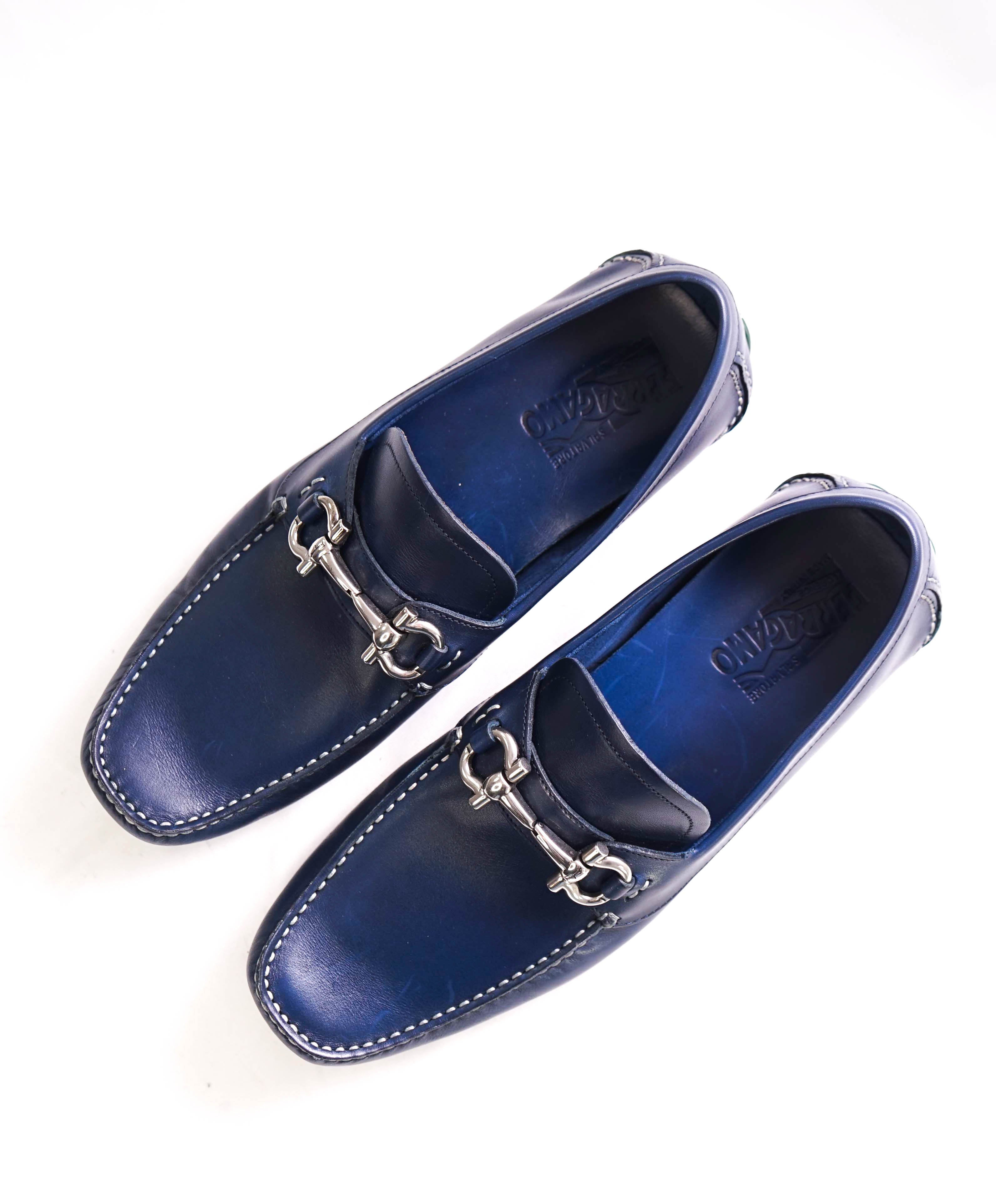 $795 SALVATORE FERRAGAMO - Classic Blue/Green Leather Parigi Slip On Loafers - 9.5 D