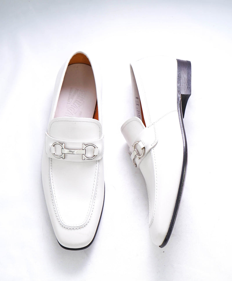 $850 SALVATORE FERRAGAMO - White Gancini Bit Loafer Leather - 7 D