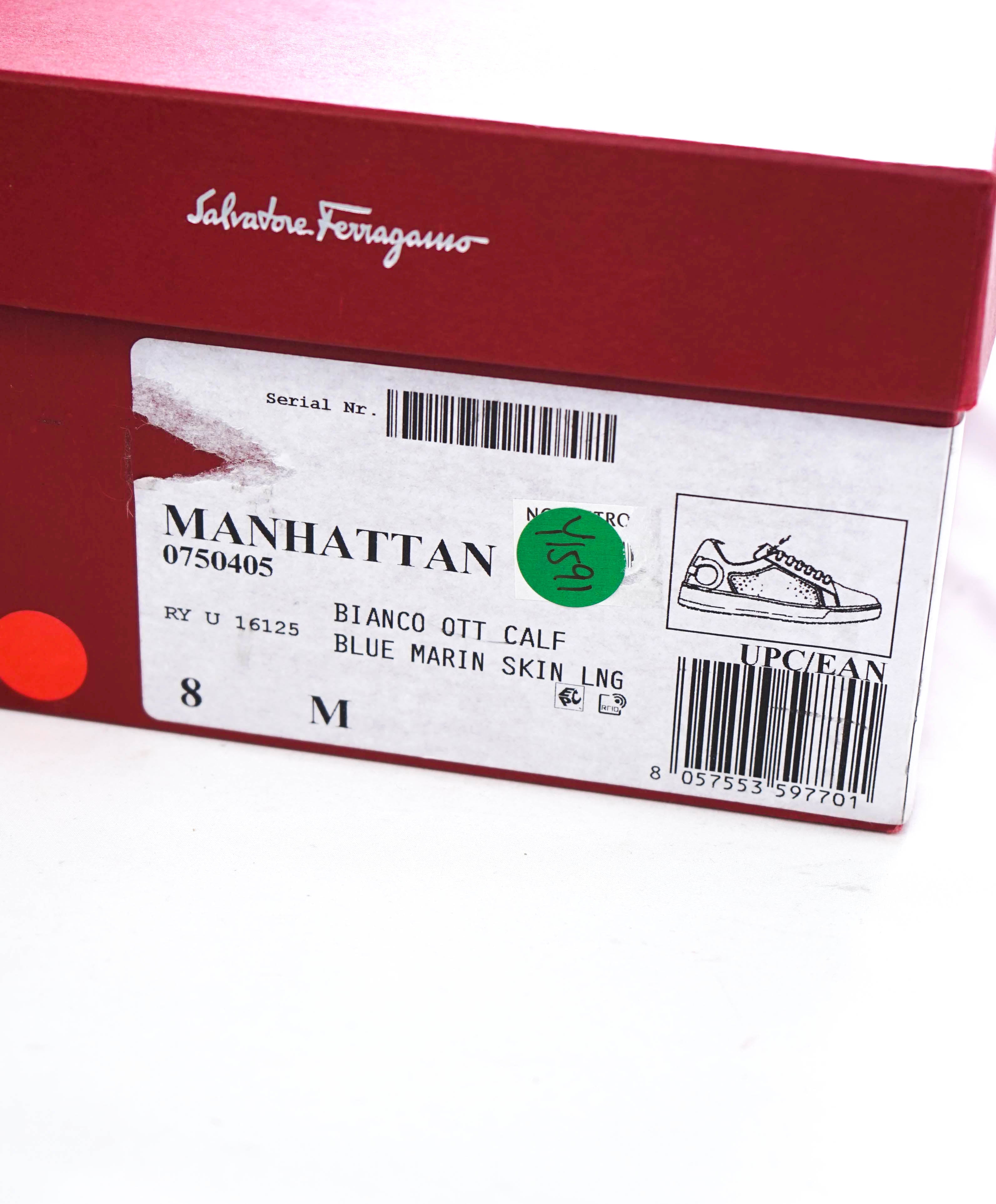 $750 SALVATORE FERRAGAMO - *MANHATTAN* Blue/White Leather Sneaker - 8 M US