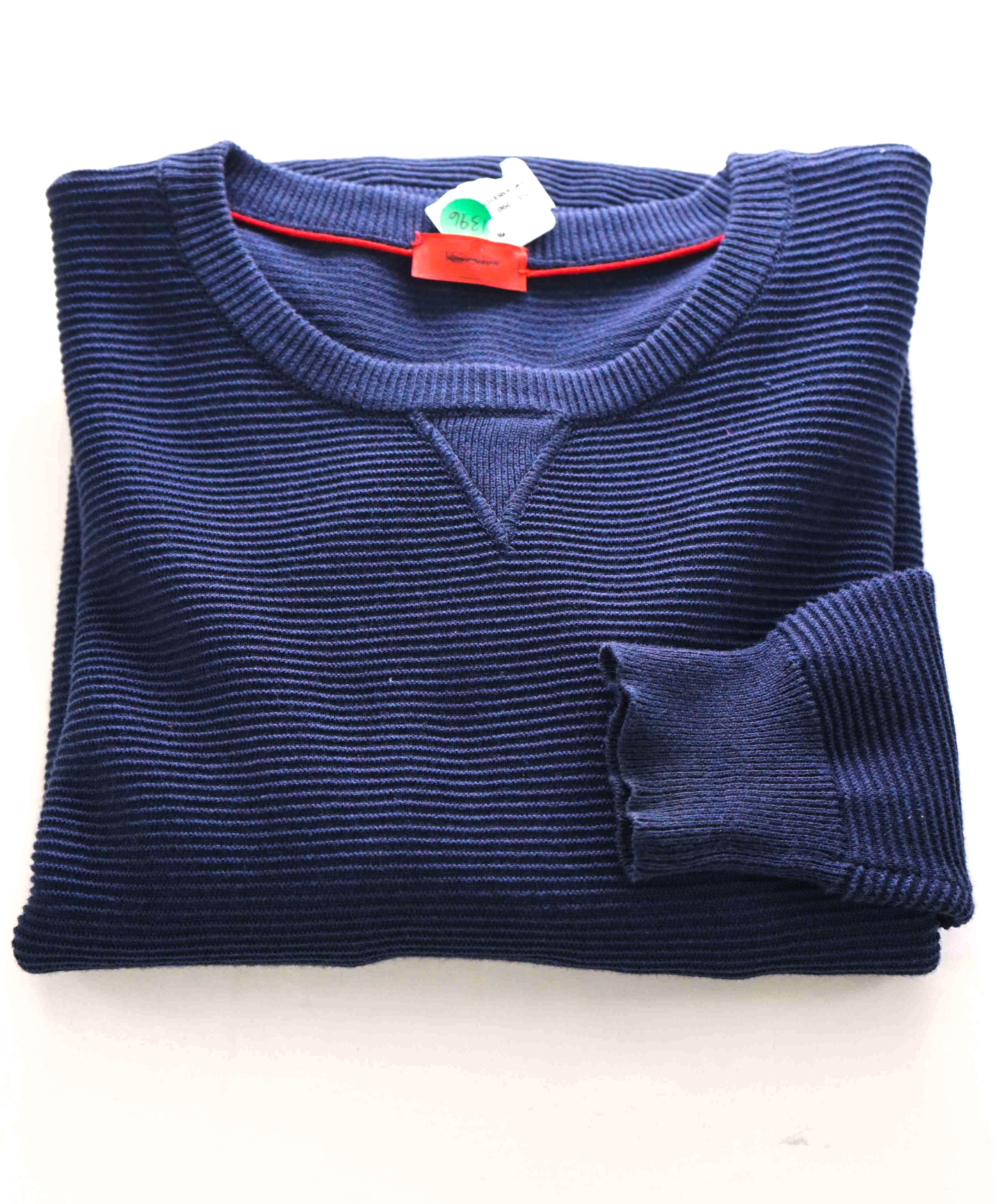 $595 ISAIA - Ribbed Blue Cotton LOGO Crewneck Sweater - S