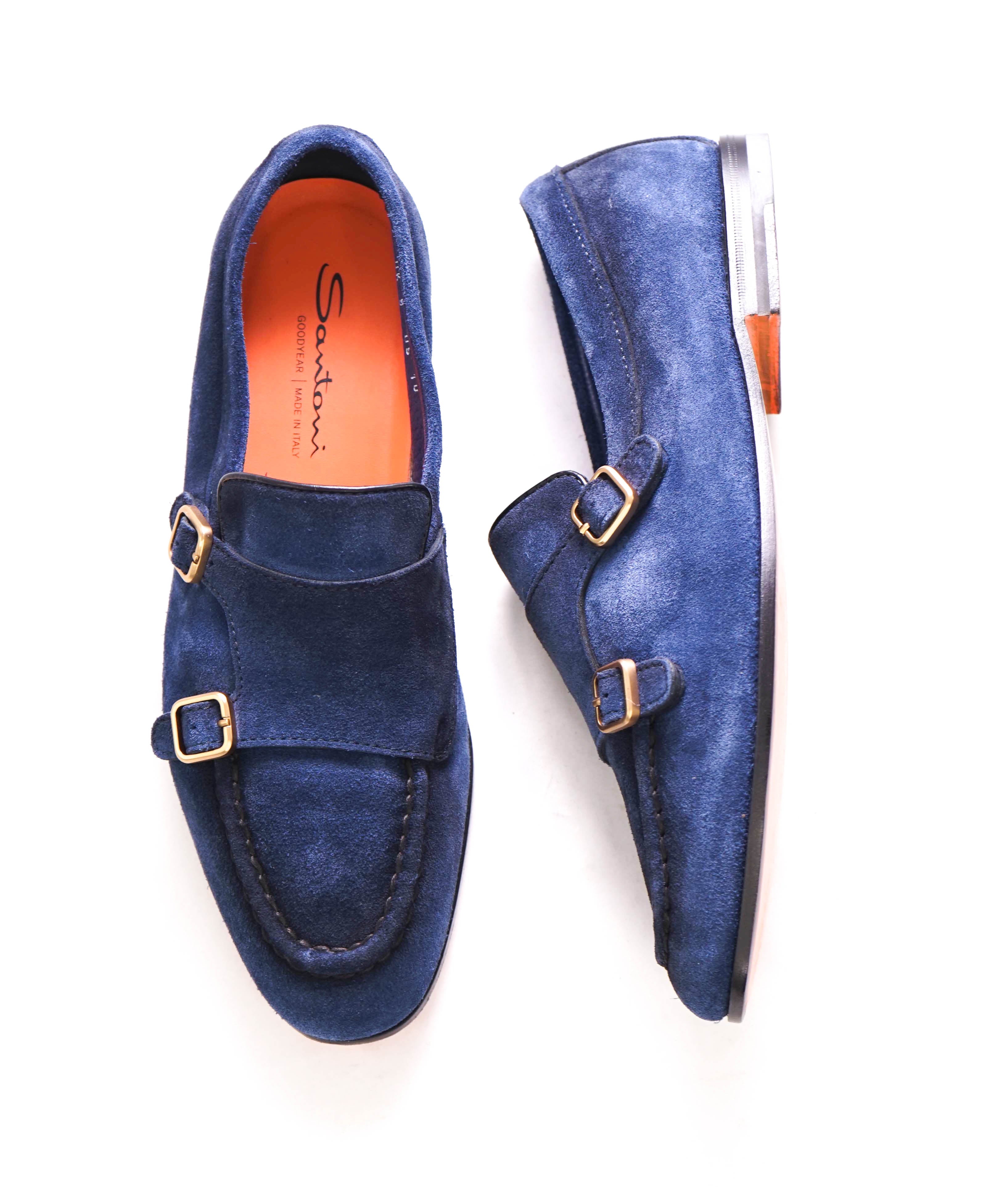 SANTONI - Blue Suede / Gold Monk Strap Venetian Loafers - 10 US (9IT)