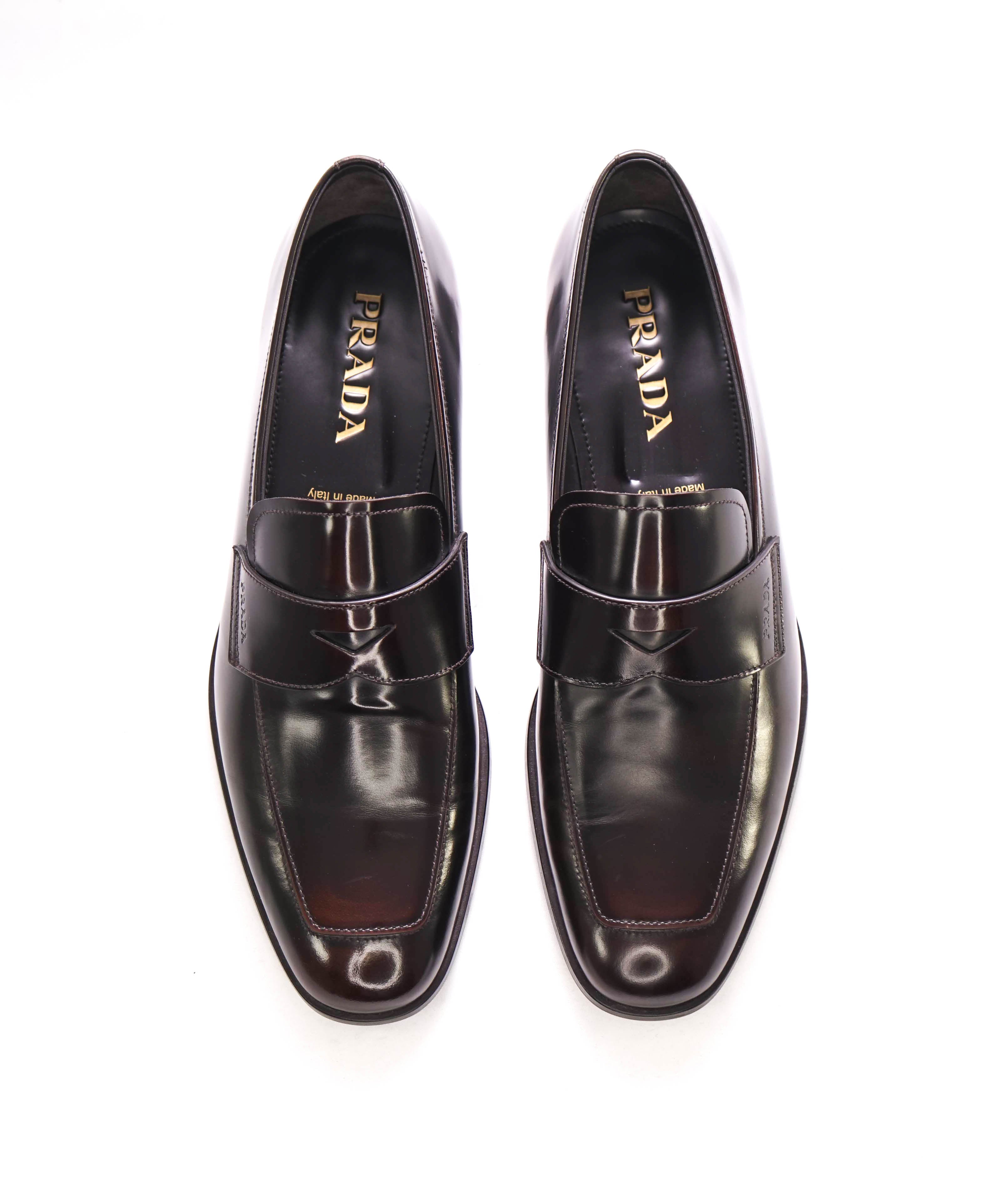 $950 PRADA - Brown Ombre Antiqued Patent Leather LOGO Loafers - 10 US (9 Prada)