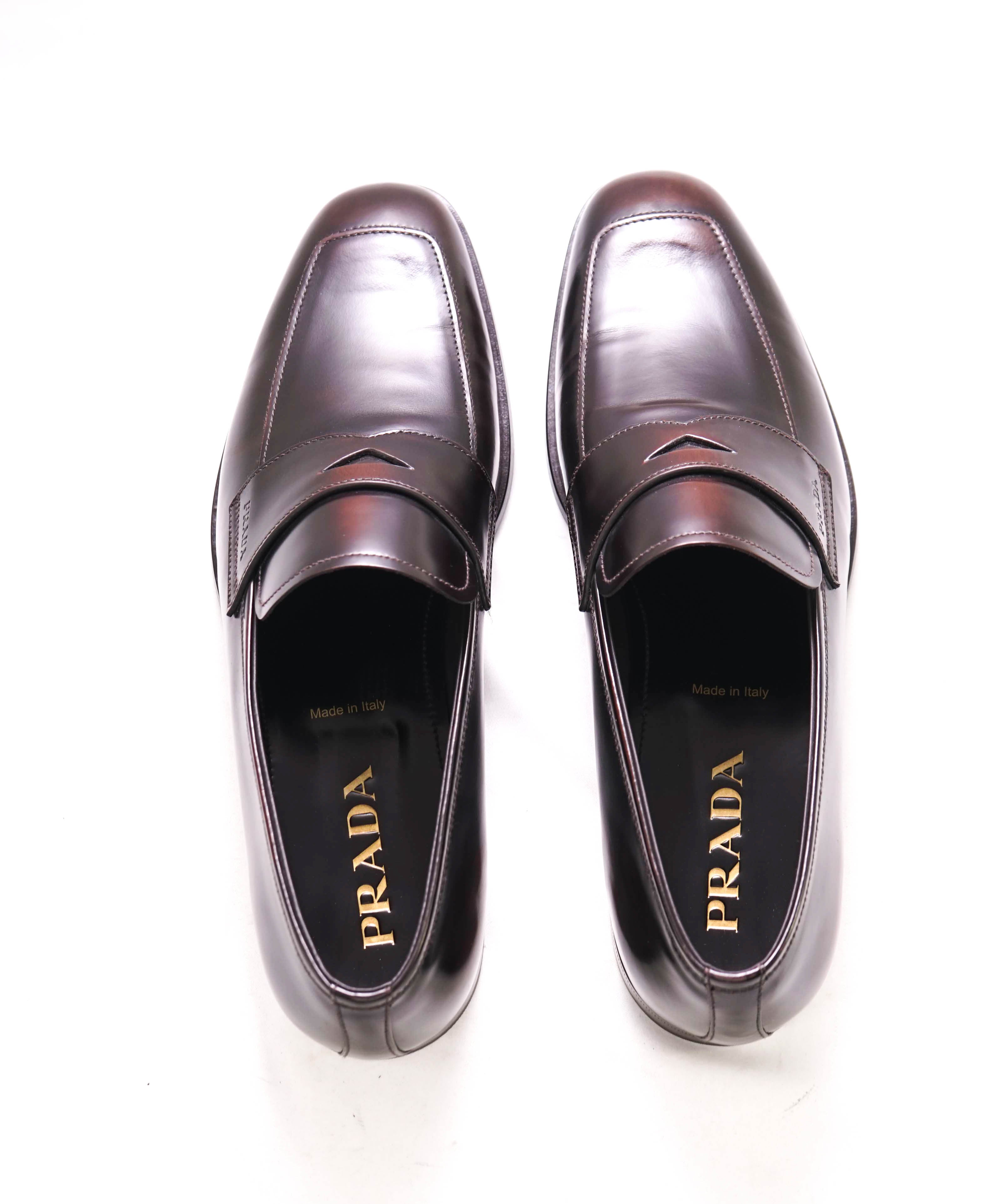 $950 PRADA - Brown Ombre Antiqued Patent Leather LOGO Loafers - 10 US (9 Prada)