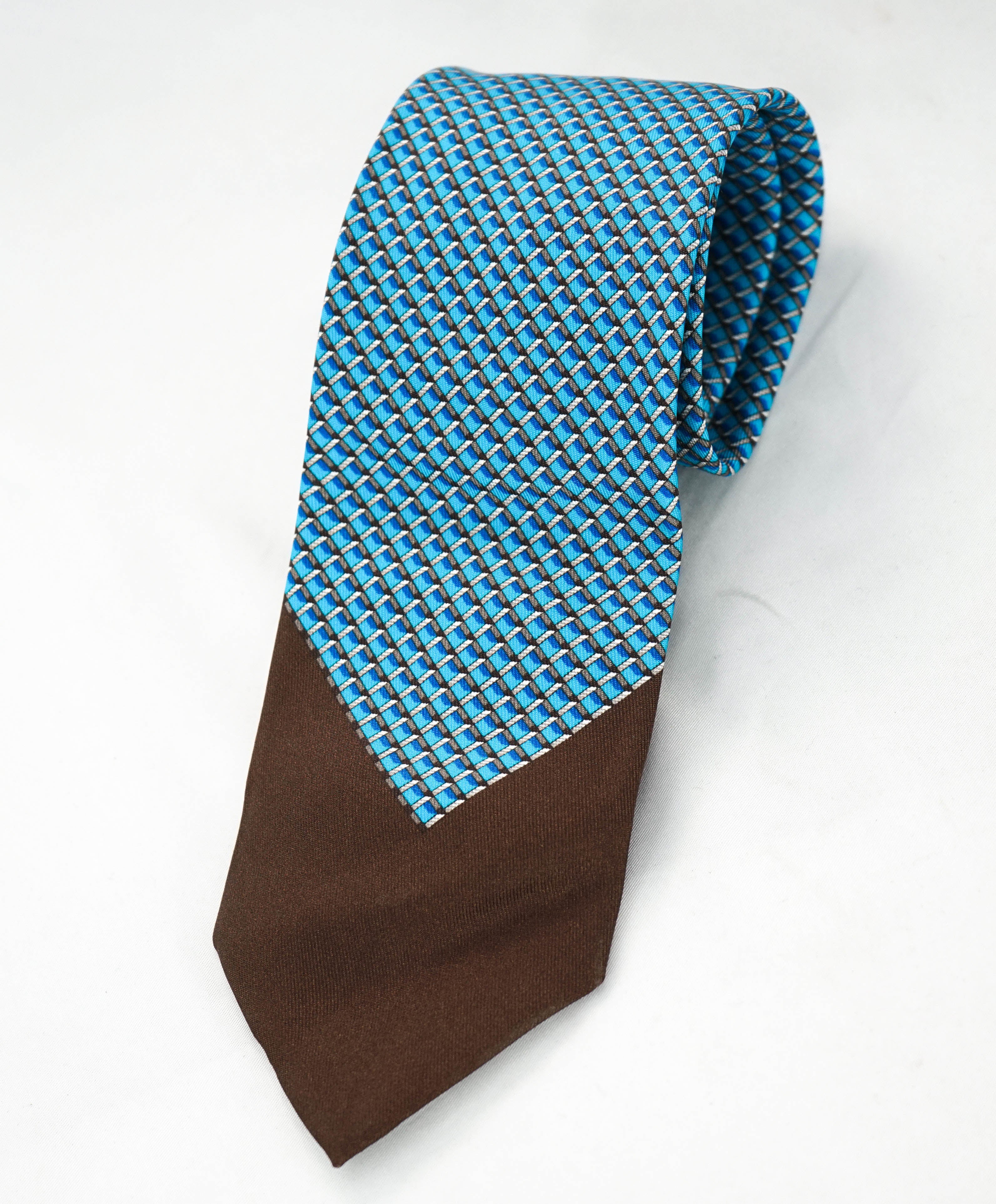 $240 BRIONI - Teal & Brown Geometric SCARF TIPPED 3.25" - Tie