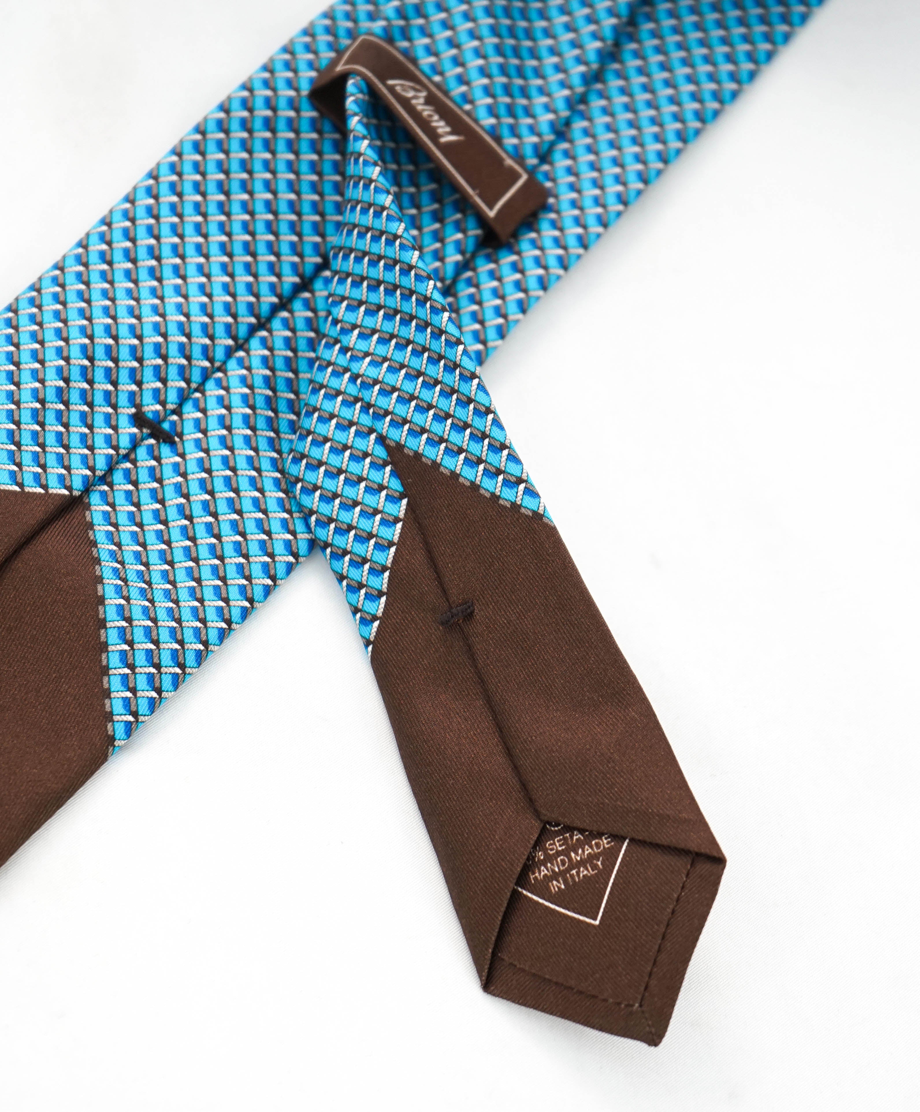 $240 BRIONI - Teal & Brown Geometric SCARF TIPPED 3.25" - Tie
