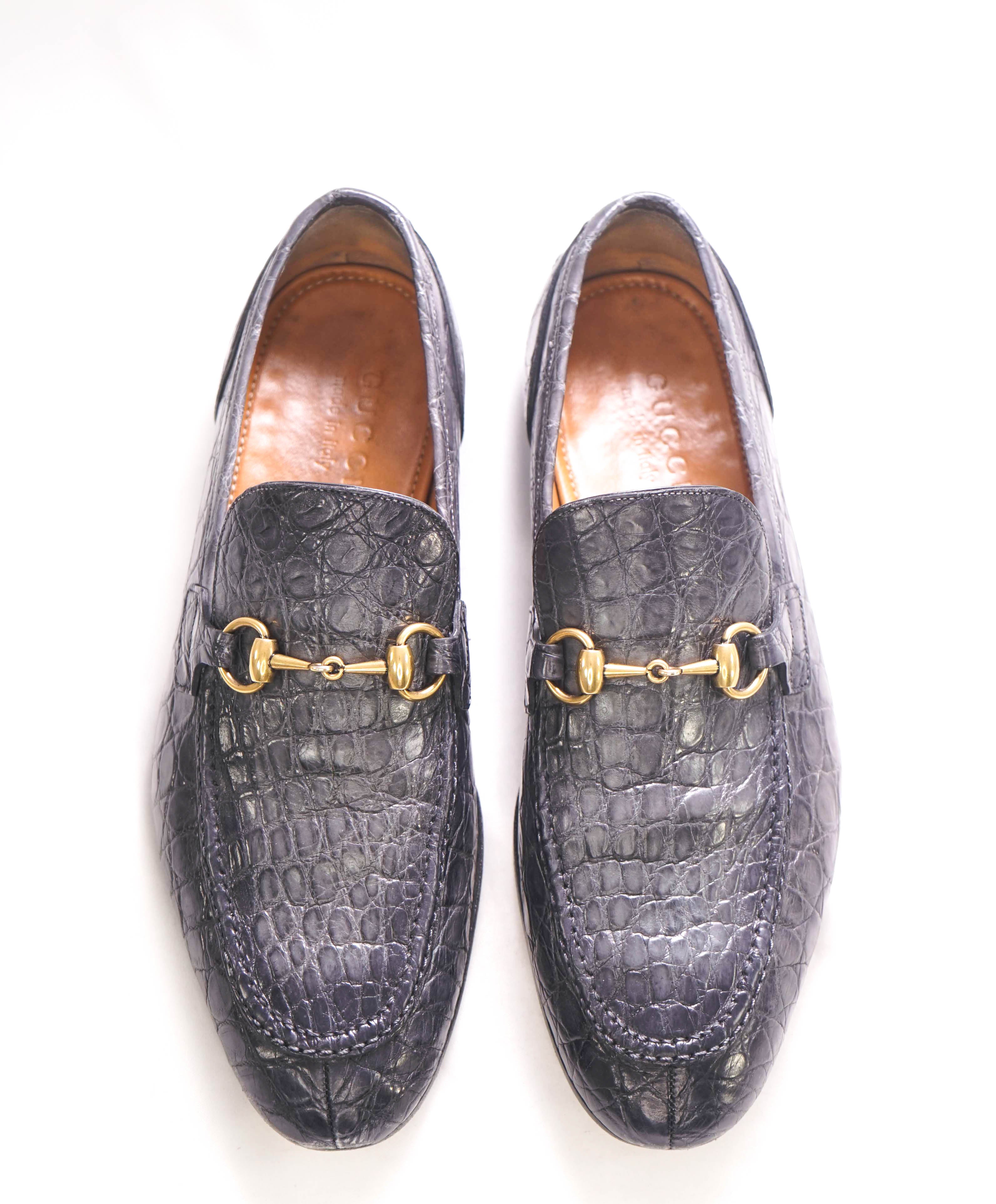 $4,100 GUCCI - "JORDAAN" Gray/Gold *CROCODILE* Horsebit Leather Loafers - 8.5US (8G)