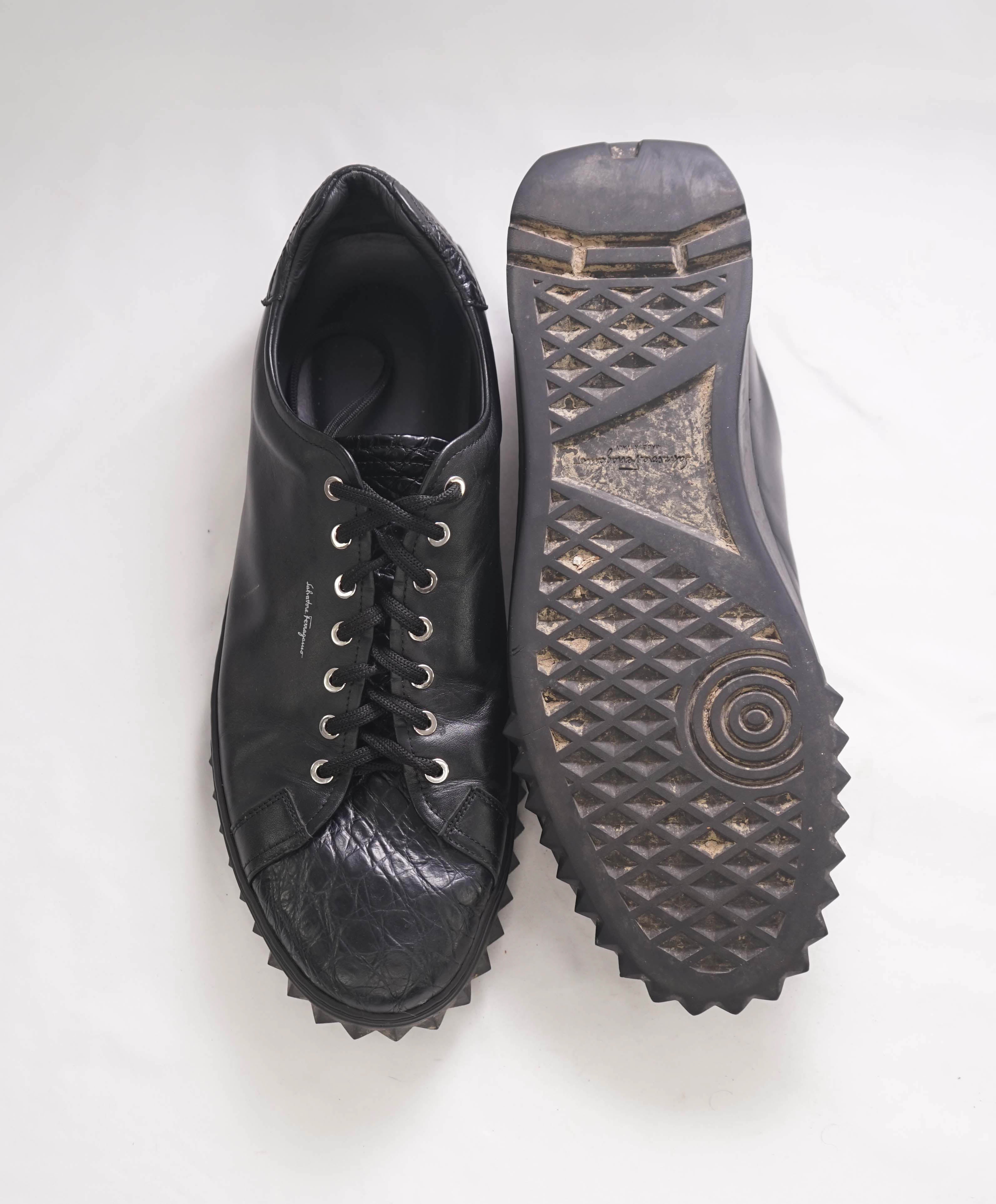 $1,295 SALVATORE FERRAGAMO - *Rhinoceros* Black CROCODILE Gancini Sneaker - 14 M