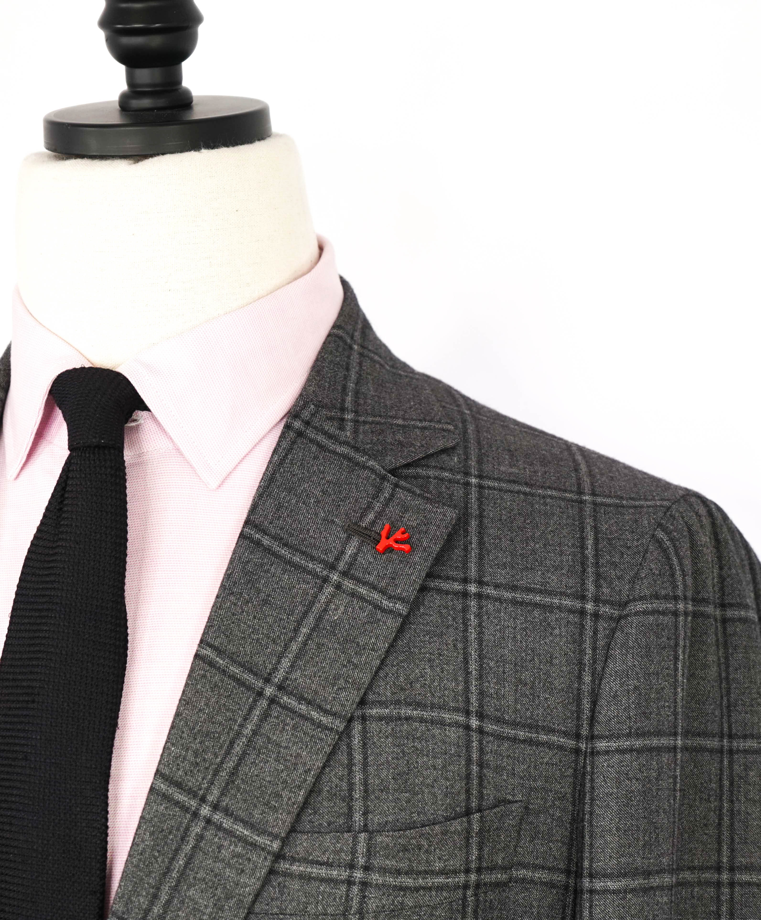 $3,795 ISAIA - Gray Windowpane Base "Dustin" Semi Lined Skinny Fit Suit - 40R 8Drop