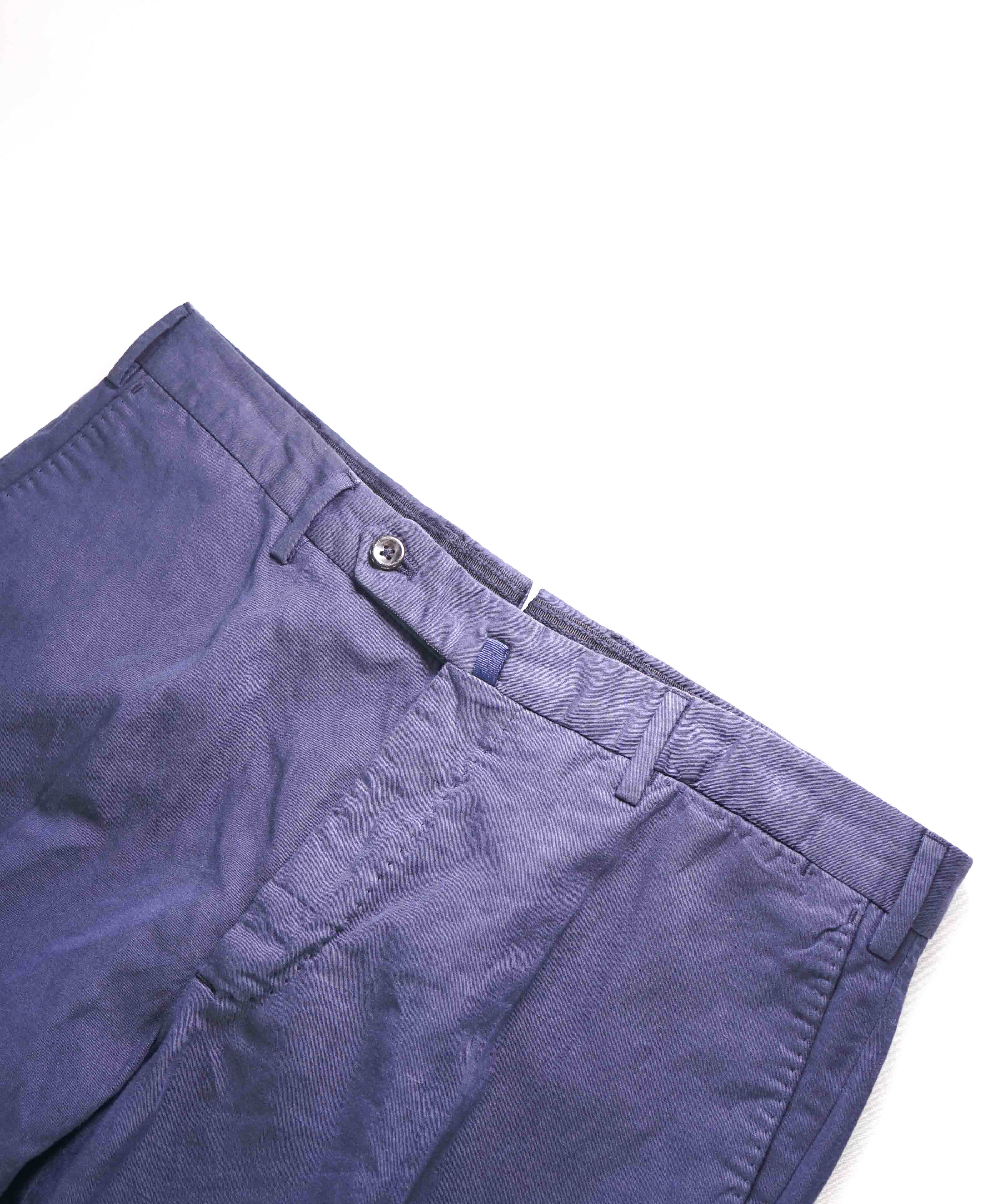 $395 INCOTEX - "CHINOLINO" COTTON / LINEN Flat Front Blue Pants - 34W