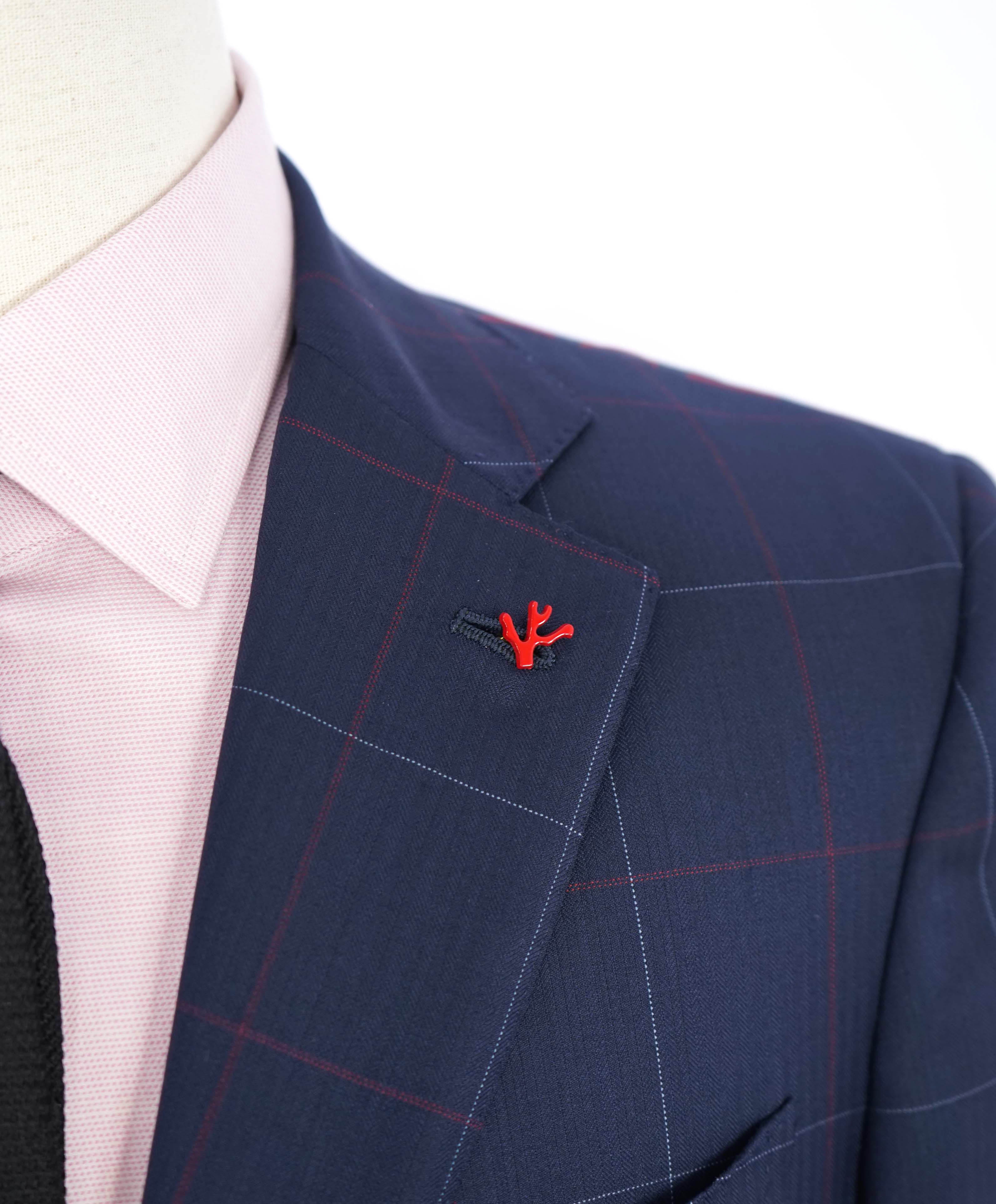 $4,250 ISAIA - Navy/Red Check *CLOSET STAPLE* Coral Pin Suit - 40R