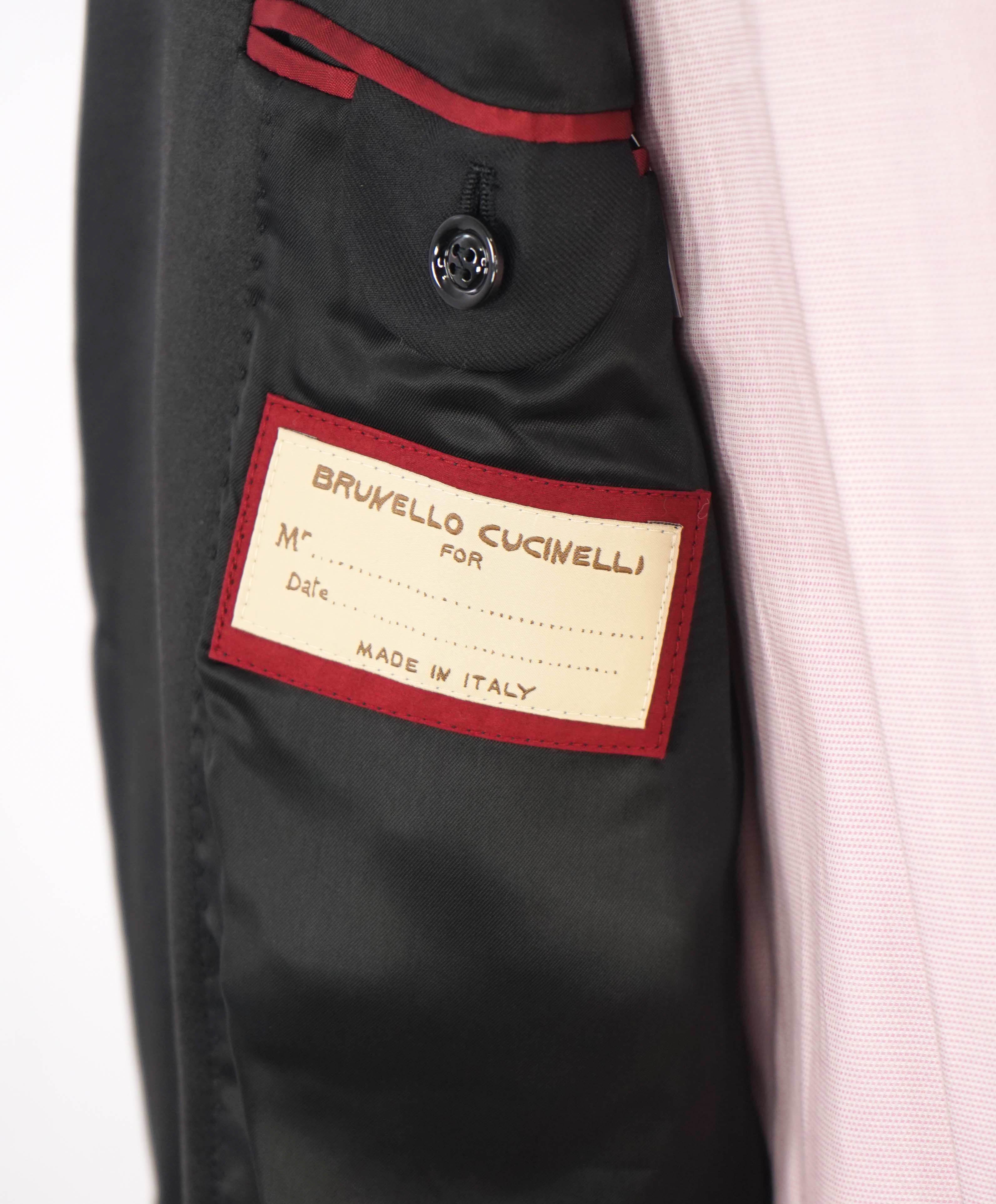 $5,995 BRUNELLO CUCINELLI - Black On Black Wide Peak Lapel Tuxedo Suit - 50R