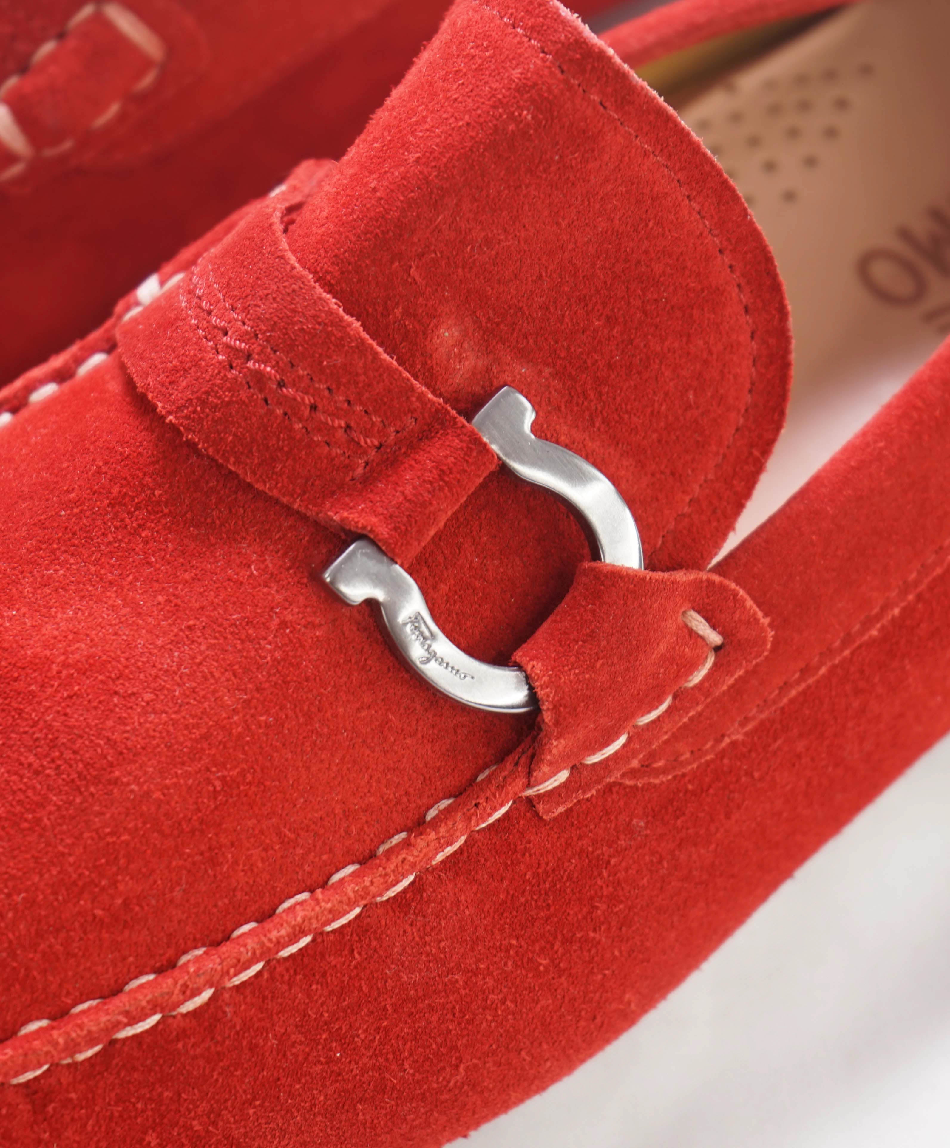 $750 SALVATORE FERRAGAMO - "DUBLO" Red Suede Gancini Loafer- 12