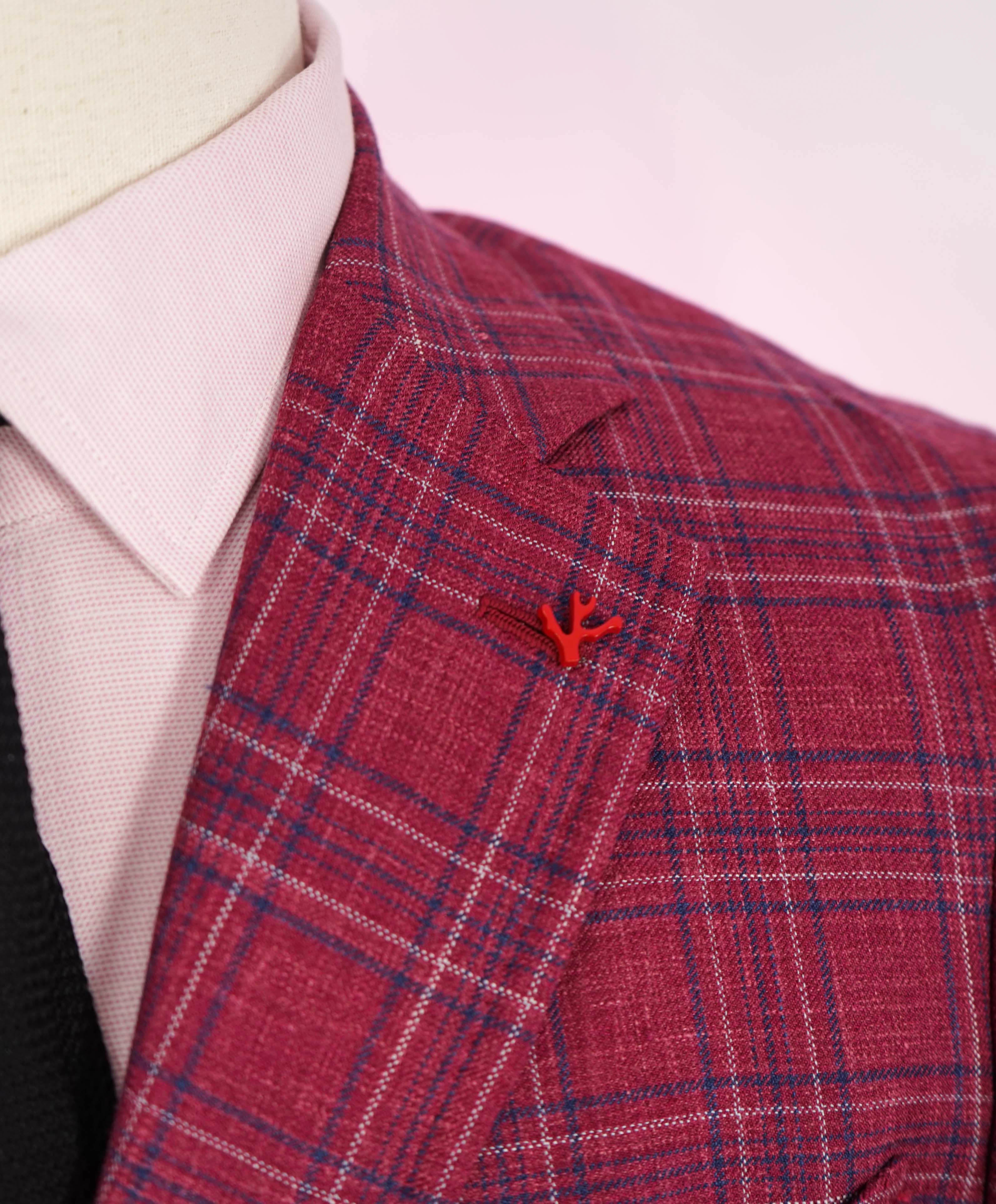 ISAIA - Wool/Silk/Linen PINK & Blue Check Blazer MOP BUTTONS W LOGO- 38R