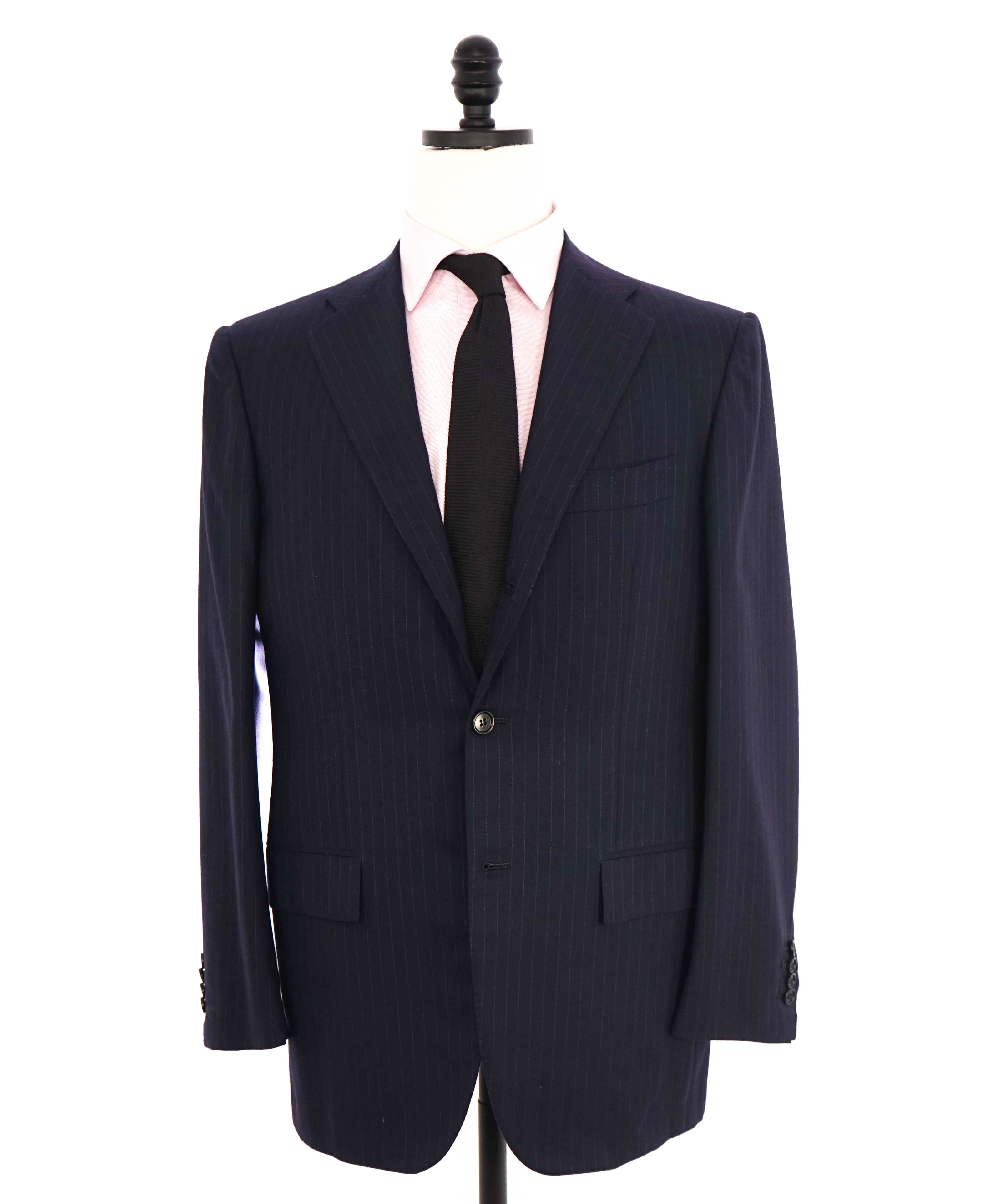 $10,000 KITON - "DIAMANTE BLUE" Iconic Chalk Stripe Navy Suit 2-3 Roll Lapel - 42R