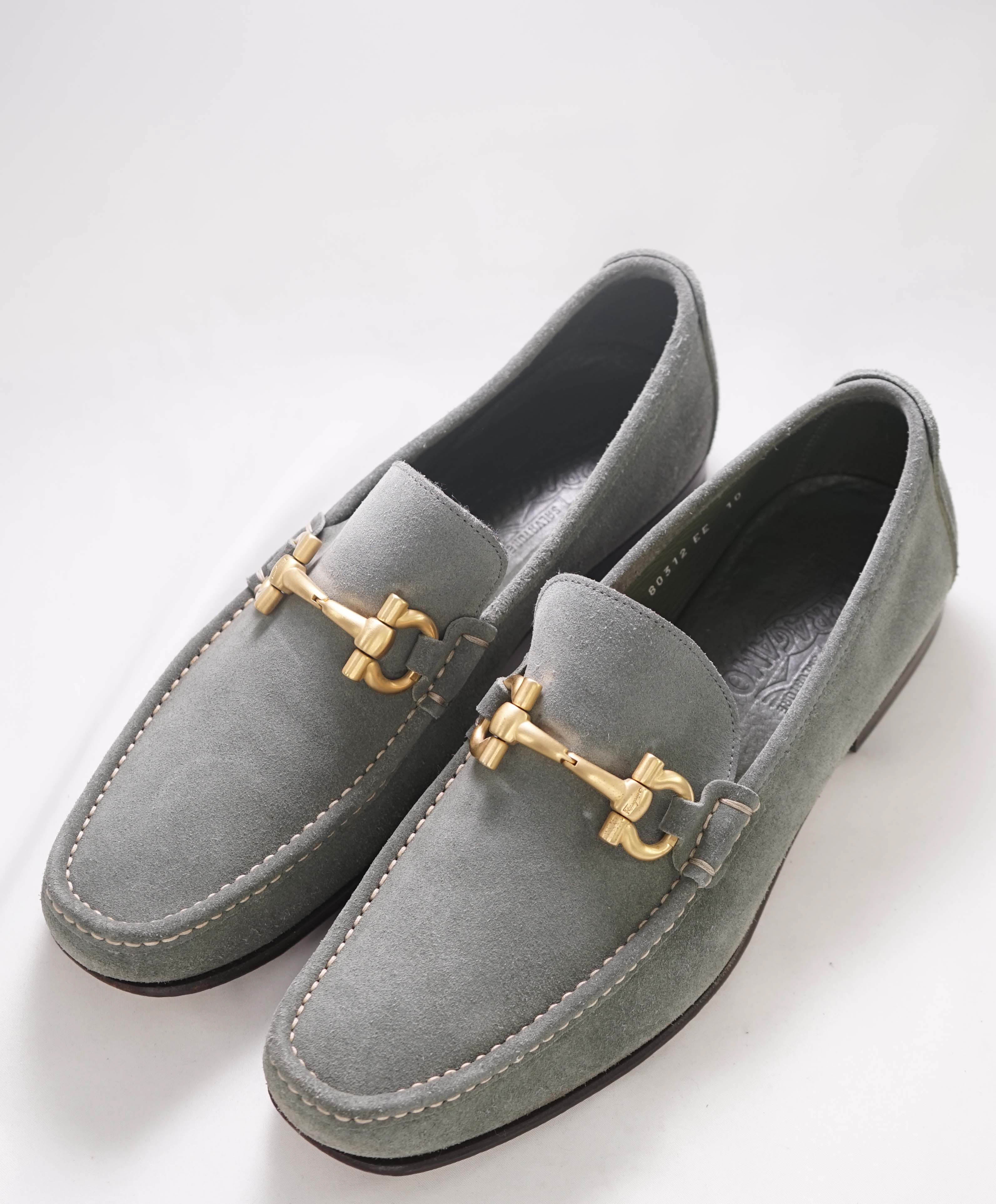 $750 SALVATORE FERRAGAMO - "GIORDANO" Gray Suede Gold Loafer- 10 EE