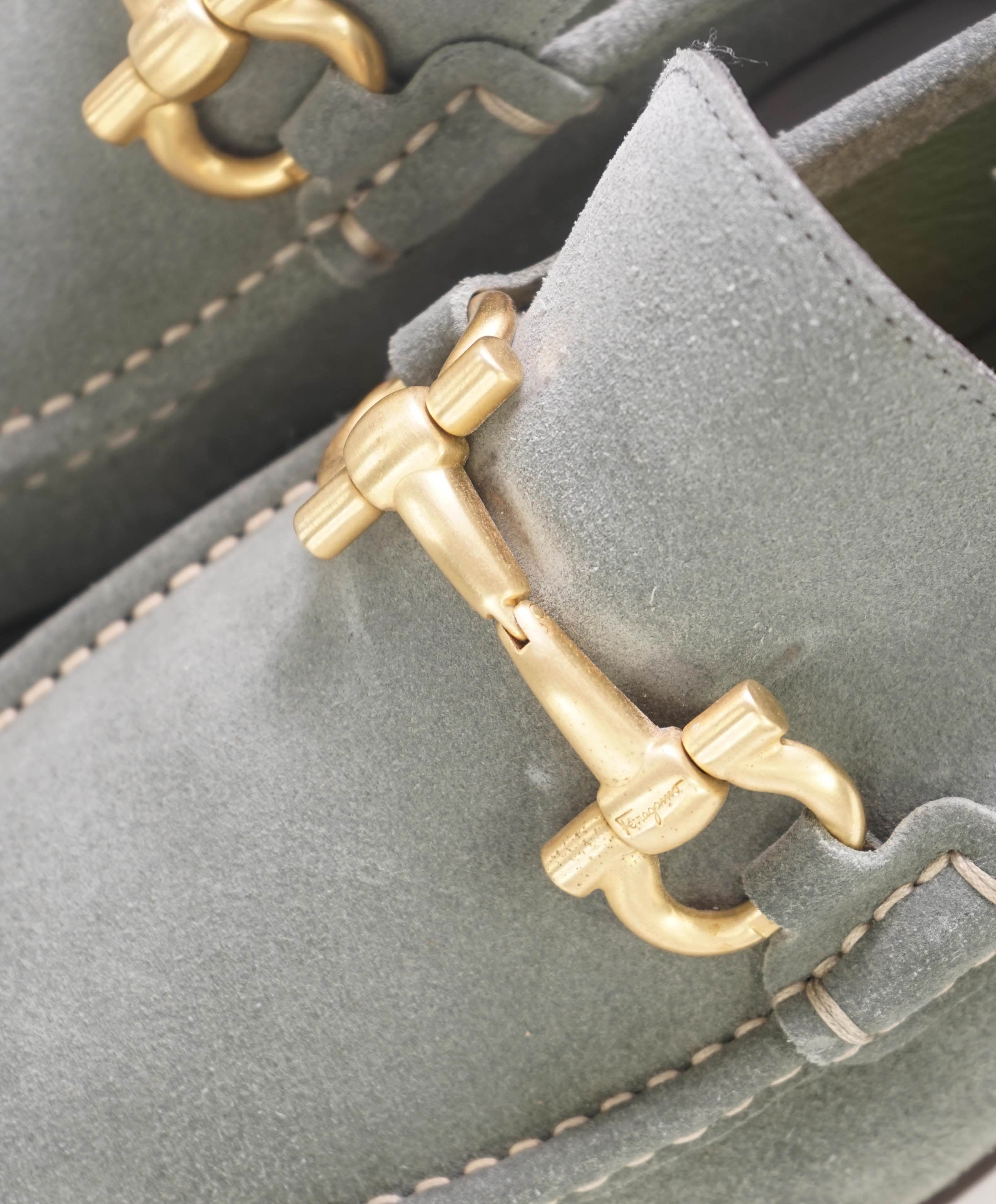 $750 SALVATORE FERRAGAMO - "GIORDANO" Gray Suede Gold Loafer- 10 EE