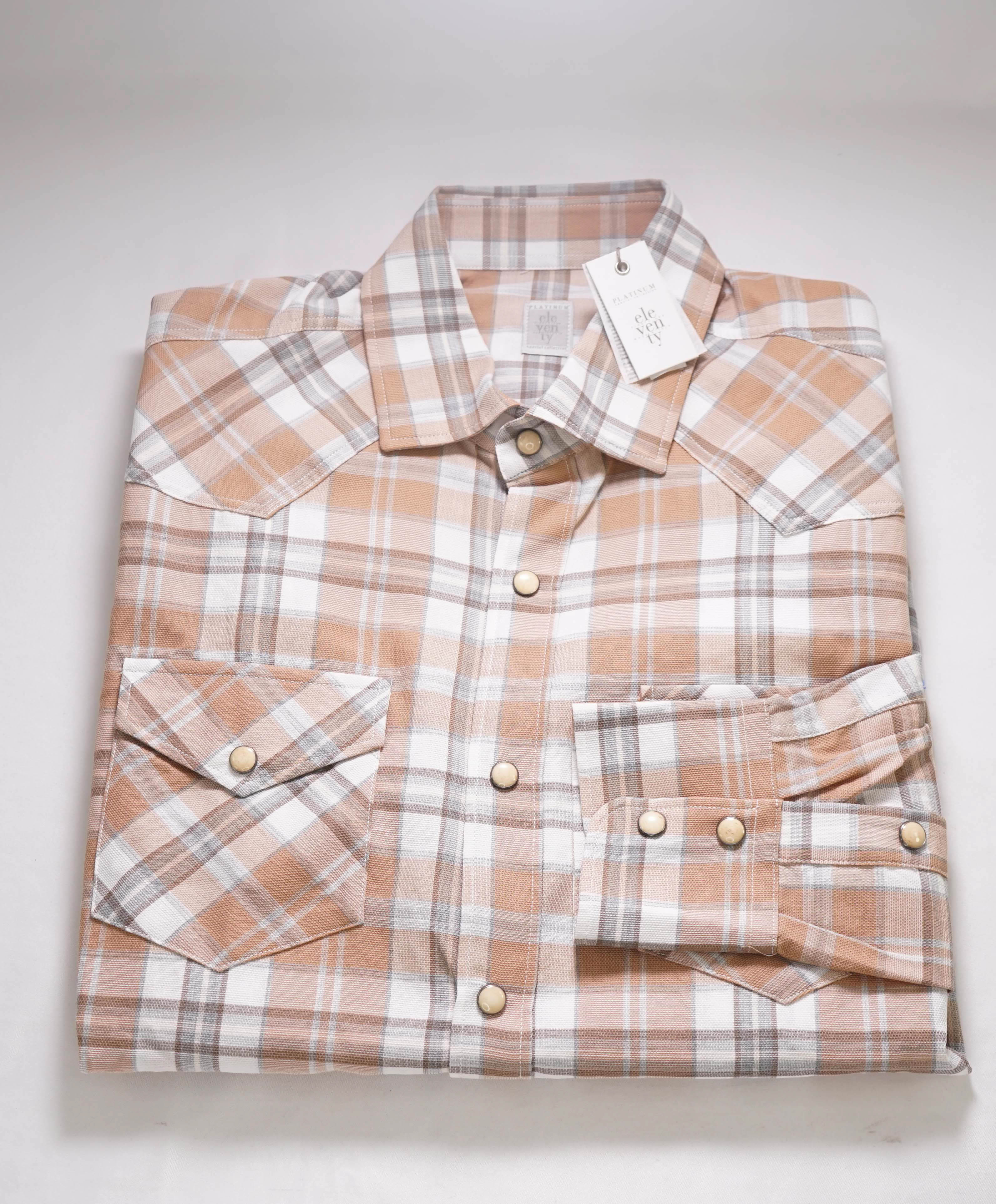 $495 ELEVENTY - *SNAP FRONT* Neutral Cotton Dress Shirt - XXL (43)