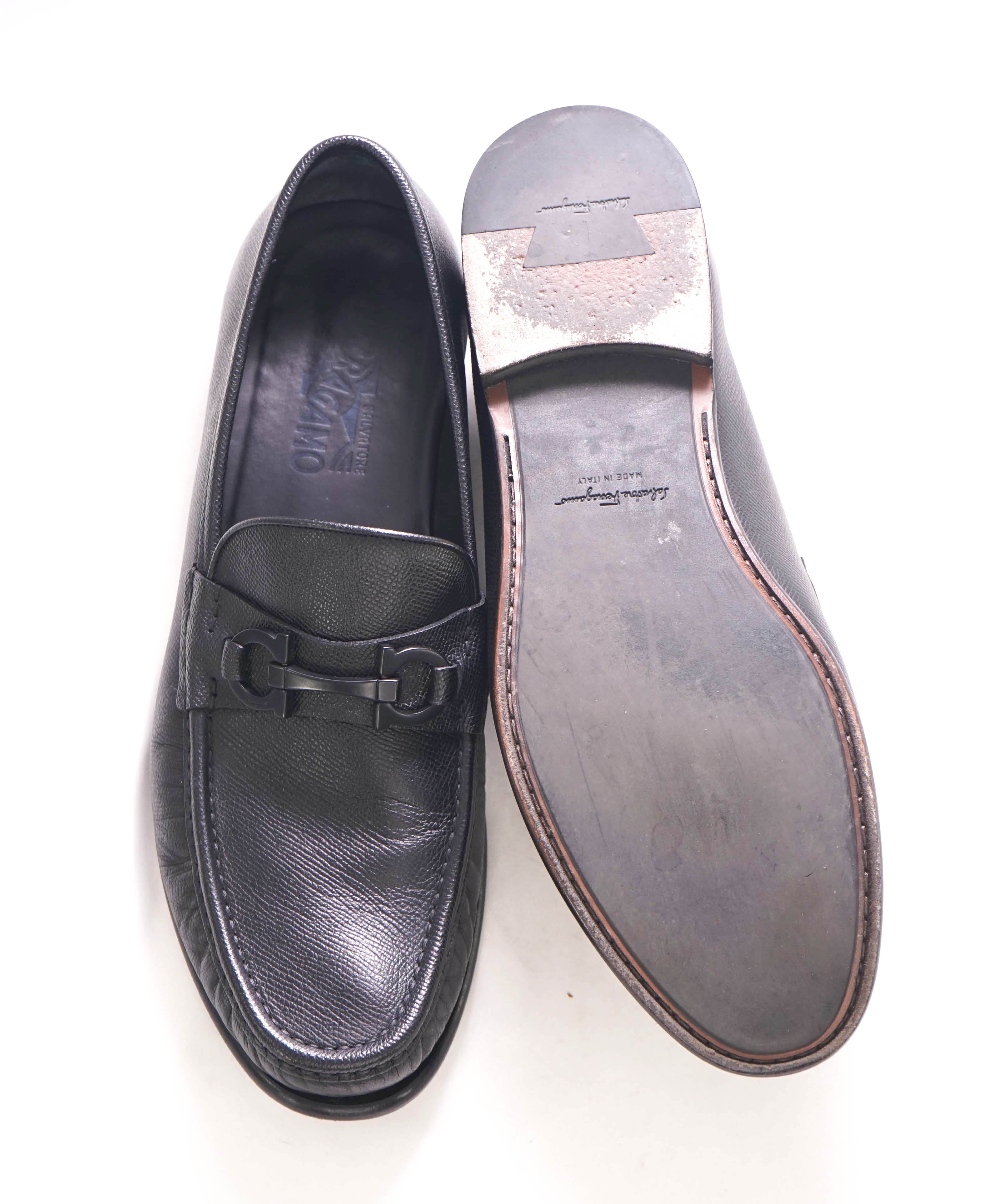 $895 SALVATORE FERRAGAMO - "CROWN" Black Gancini Bit Loafers - 11.5 D