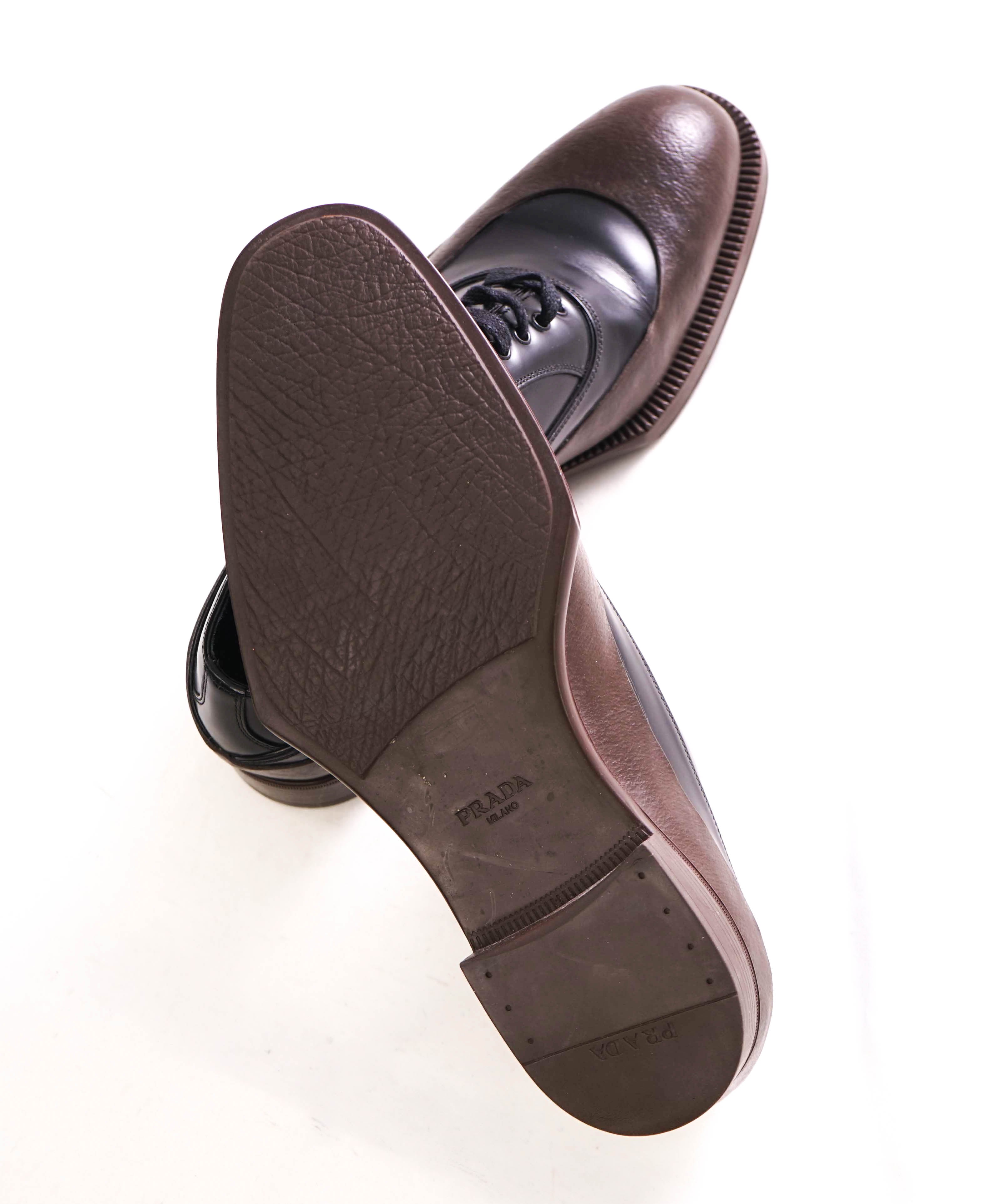 $1,320 PRADA - Black/Brown Leather Mixed-Media Lug Sole Oxfords - 8 US (7 Prada)