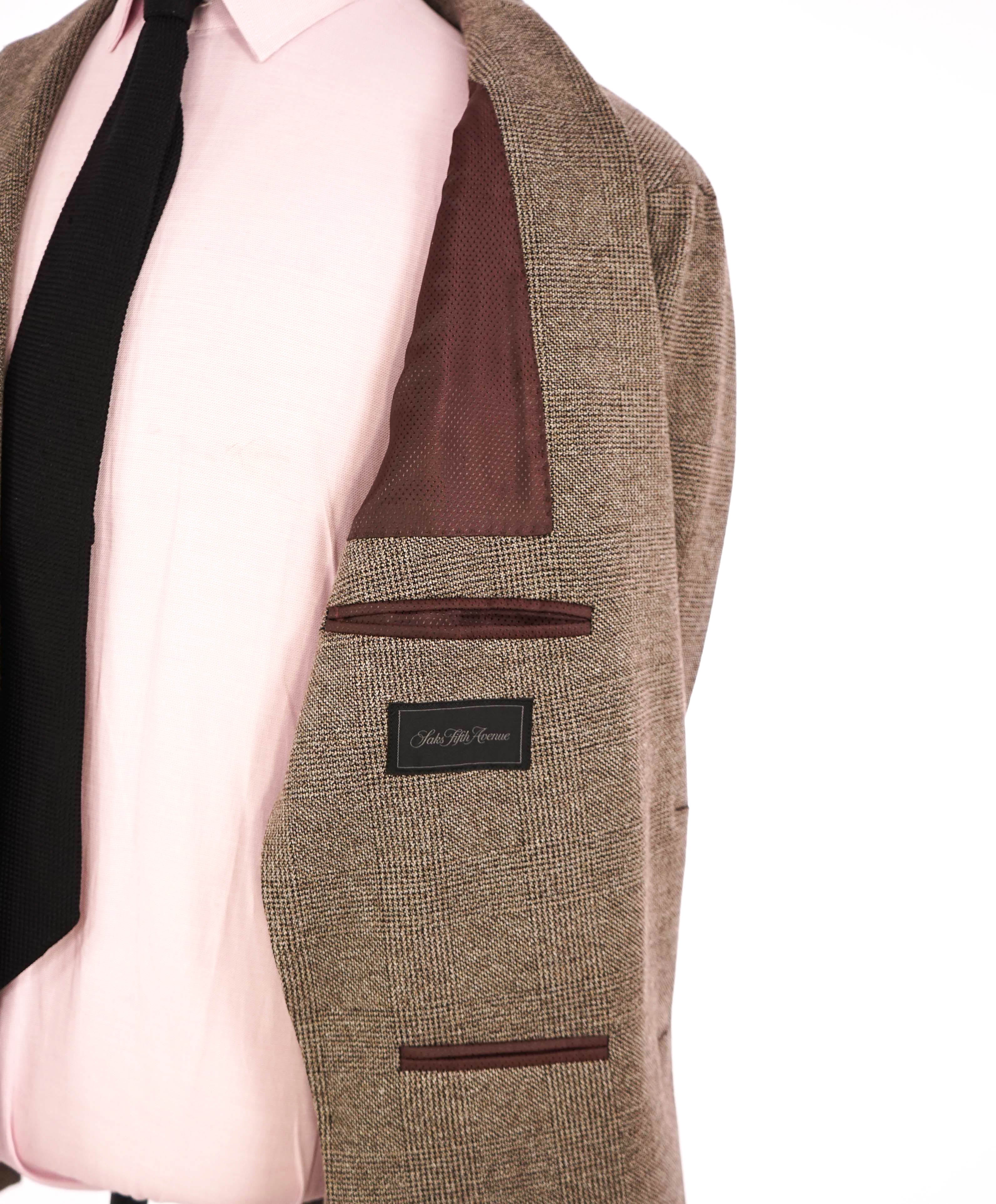 $795 SAKS FIFTH AVENUE - Wool/Cotton Neutral Prince of Wales Check Blazer- 44R US
