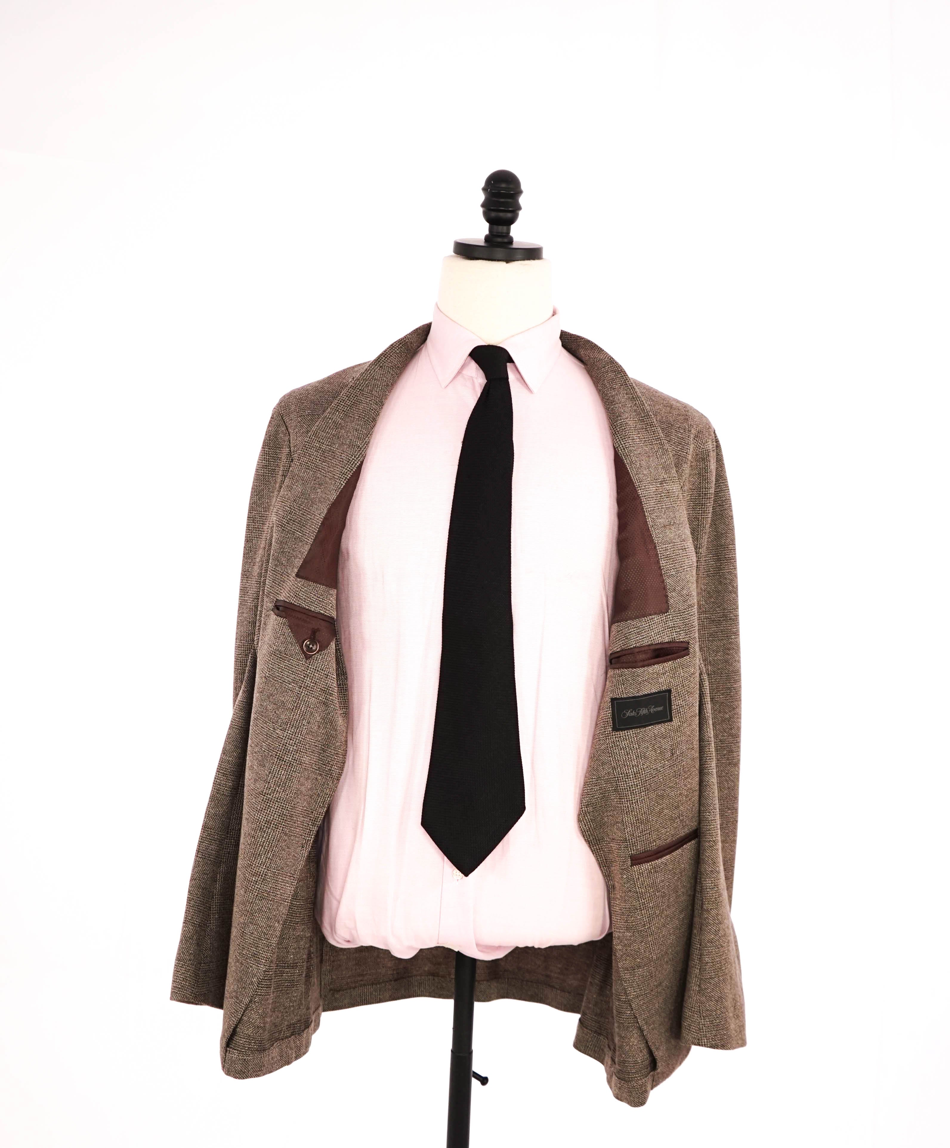 $795 SAKS FIFTH AVENUE - Wool/Cotton Neutral Prince of Wales Check Blazer- 44R US