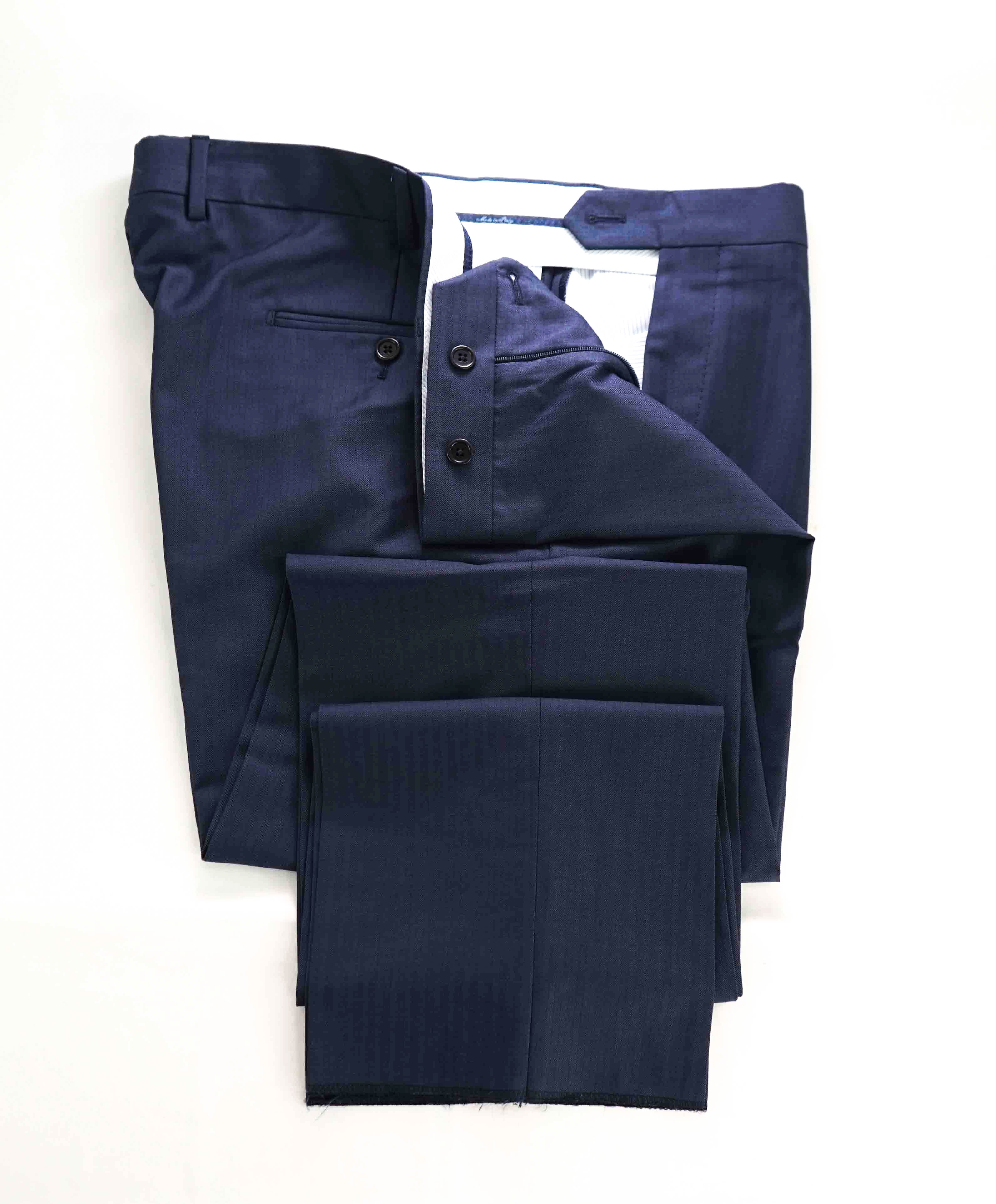 $398 SAKS FIFTH AVE -Medium Blue Micro Herringbone Flat Front Dress Pants - 38W