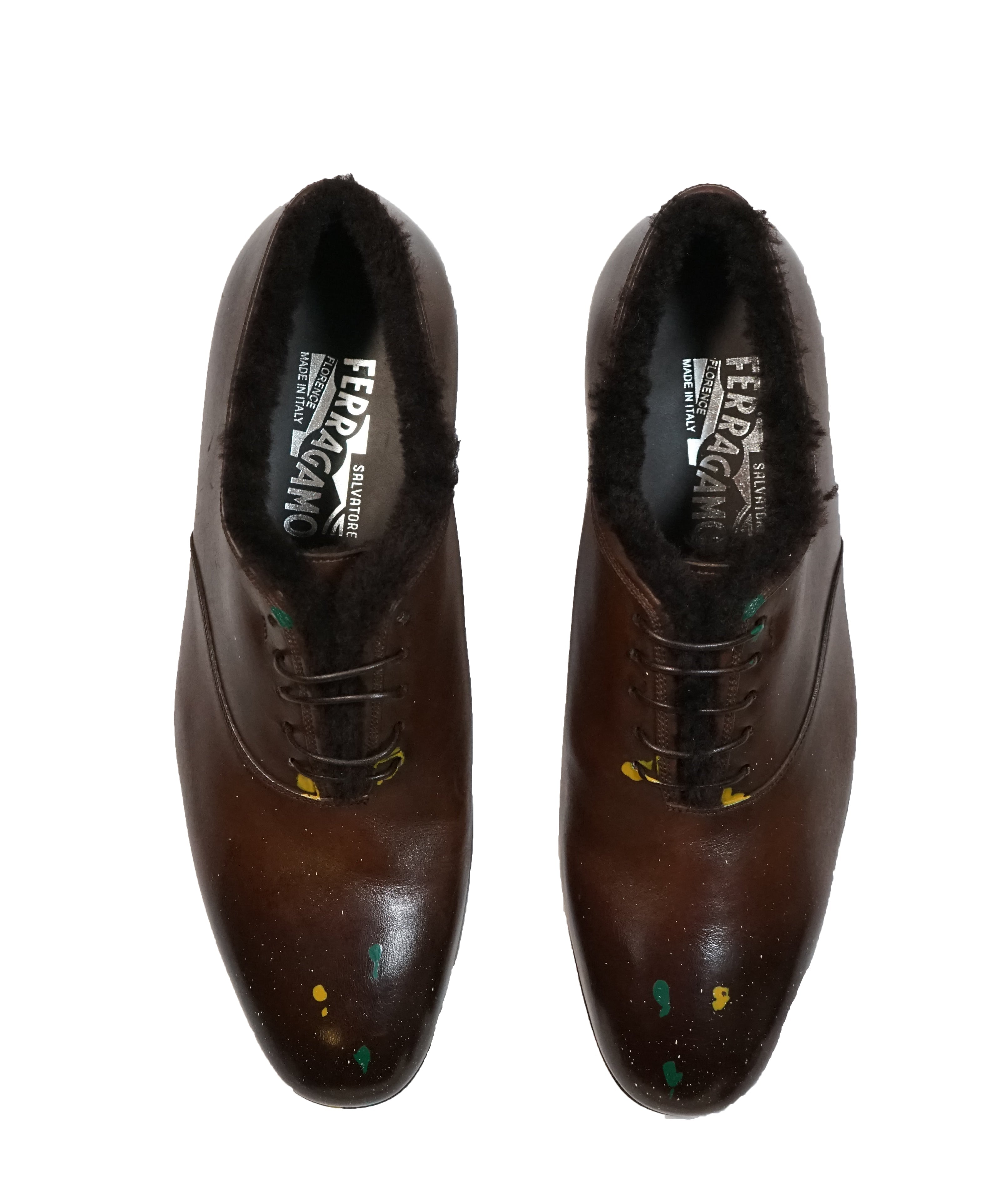 SALVATORE FERRAGAMO - Shearling Lined Paint Splatter Oxfords - 7