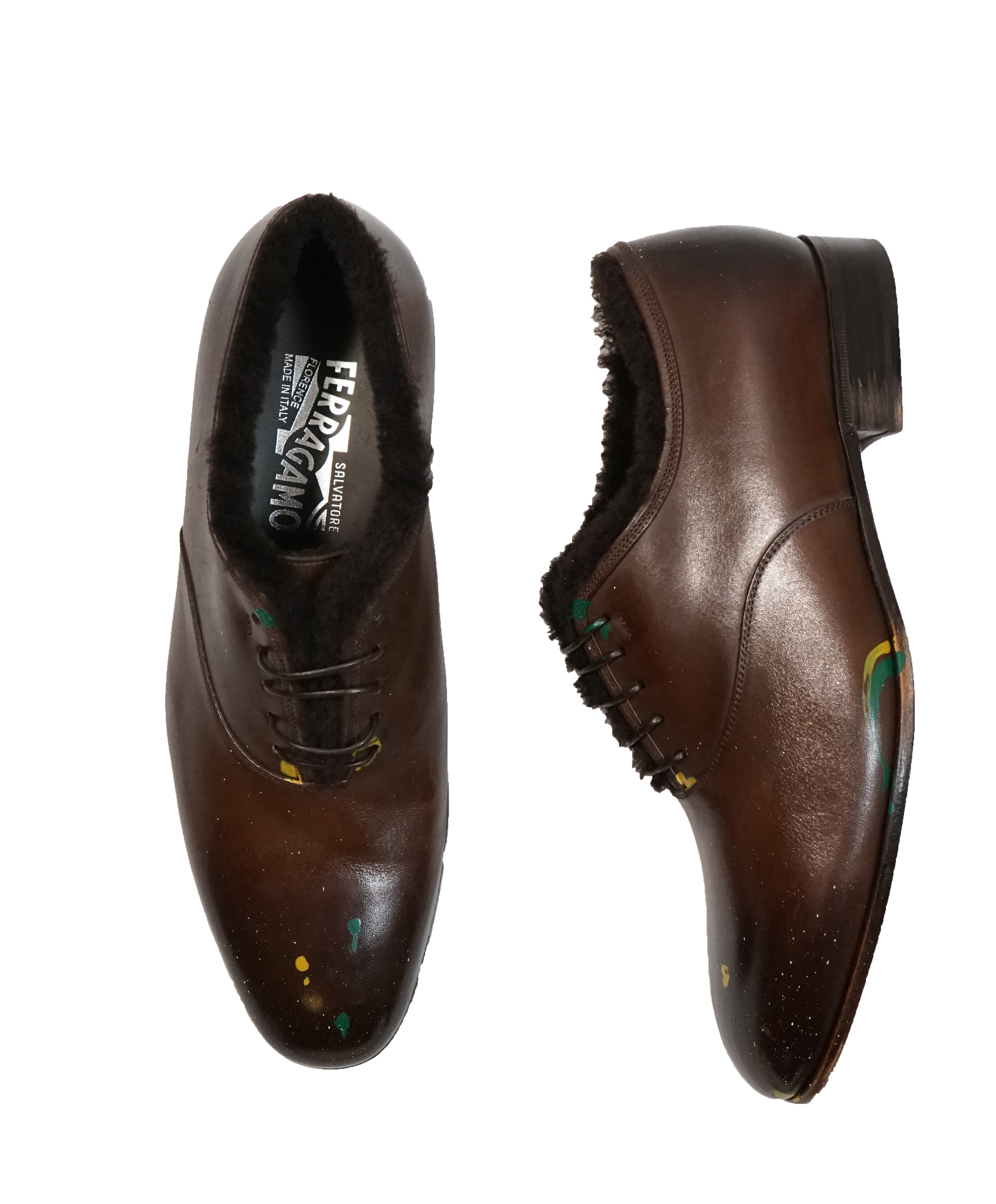 SALVATORE FERRAGAMO - Shearling Lined Paint Splatter Oxfords - 7