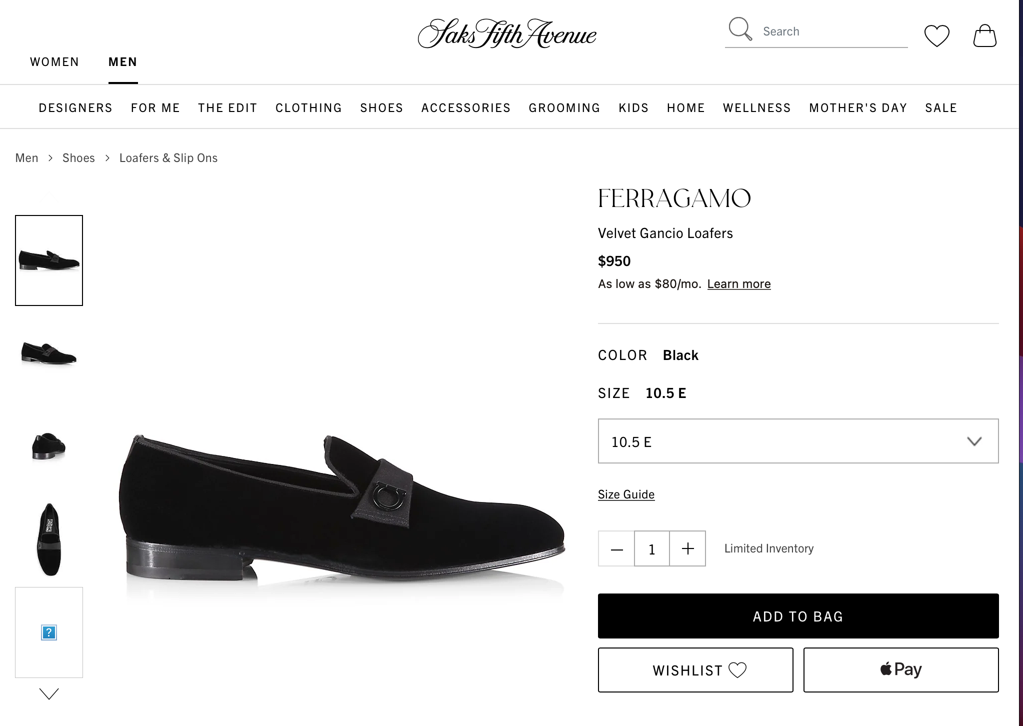 $950 SALVATORE FERRAGAMO - *LAPO * Velvet GANCINI Smoking Loafer - 10 E US
