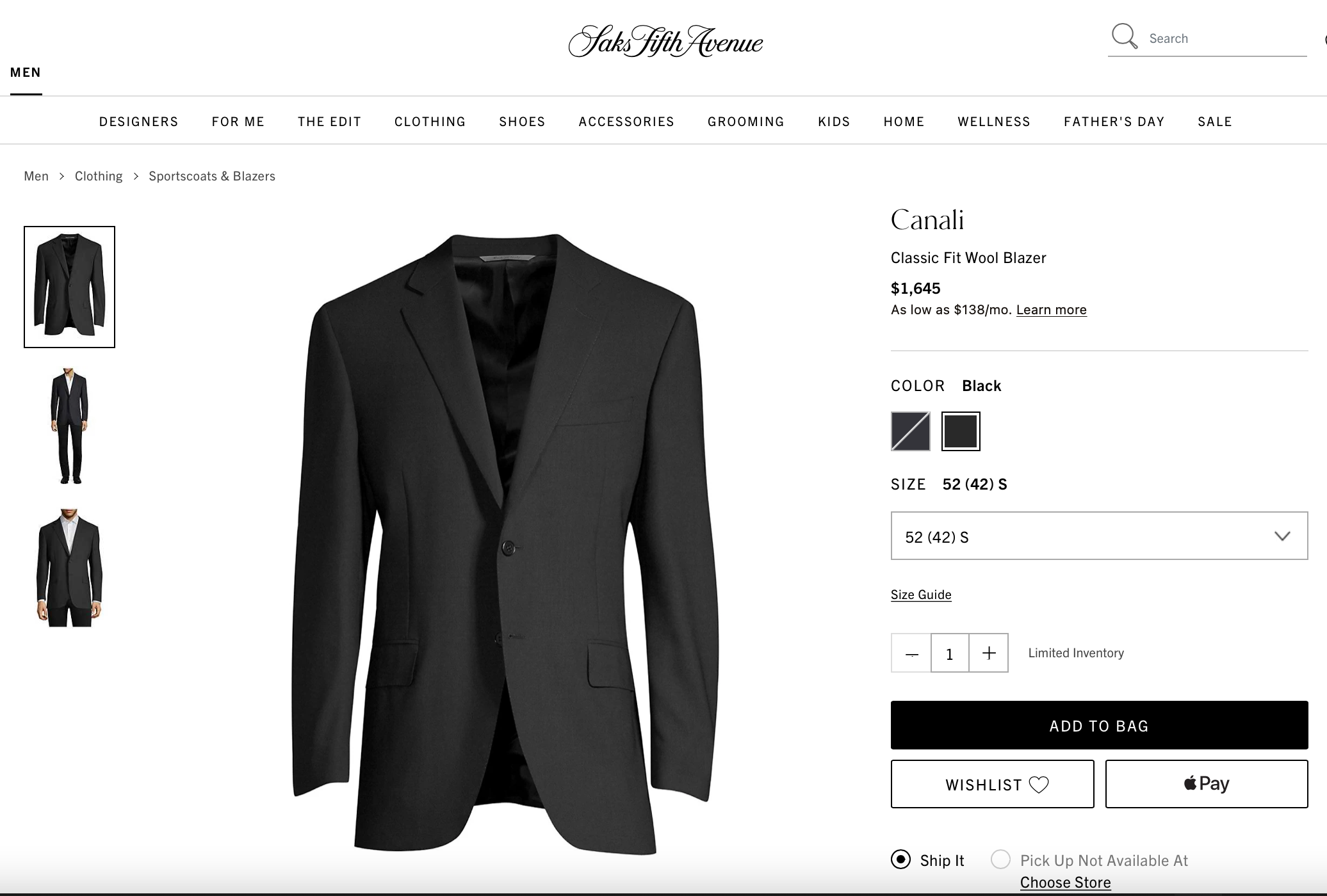 $1,795 CANALI -  Black Solid Notch Lapel 2-Btn Blazer - 40L US