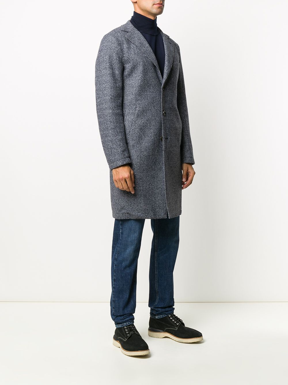 ELEVENTY - Blue Herringbone Suede Detail Logo Button Coat - 46R (56 EU)