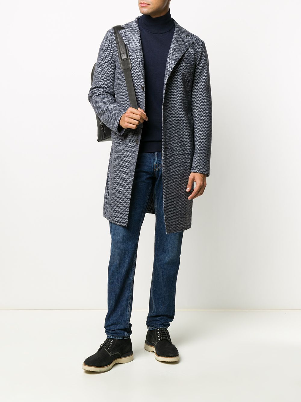 ELEVENTY - Blue Herringbone Suede Detail Logo Button Coat - 40R (50 EU)