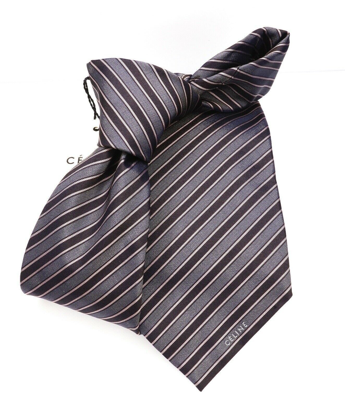 $195 CELINE - Modern Silk LOGO Tipped Pastel Pink & Gray Tie Necktie -