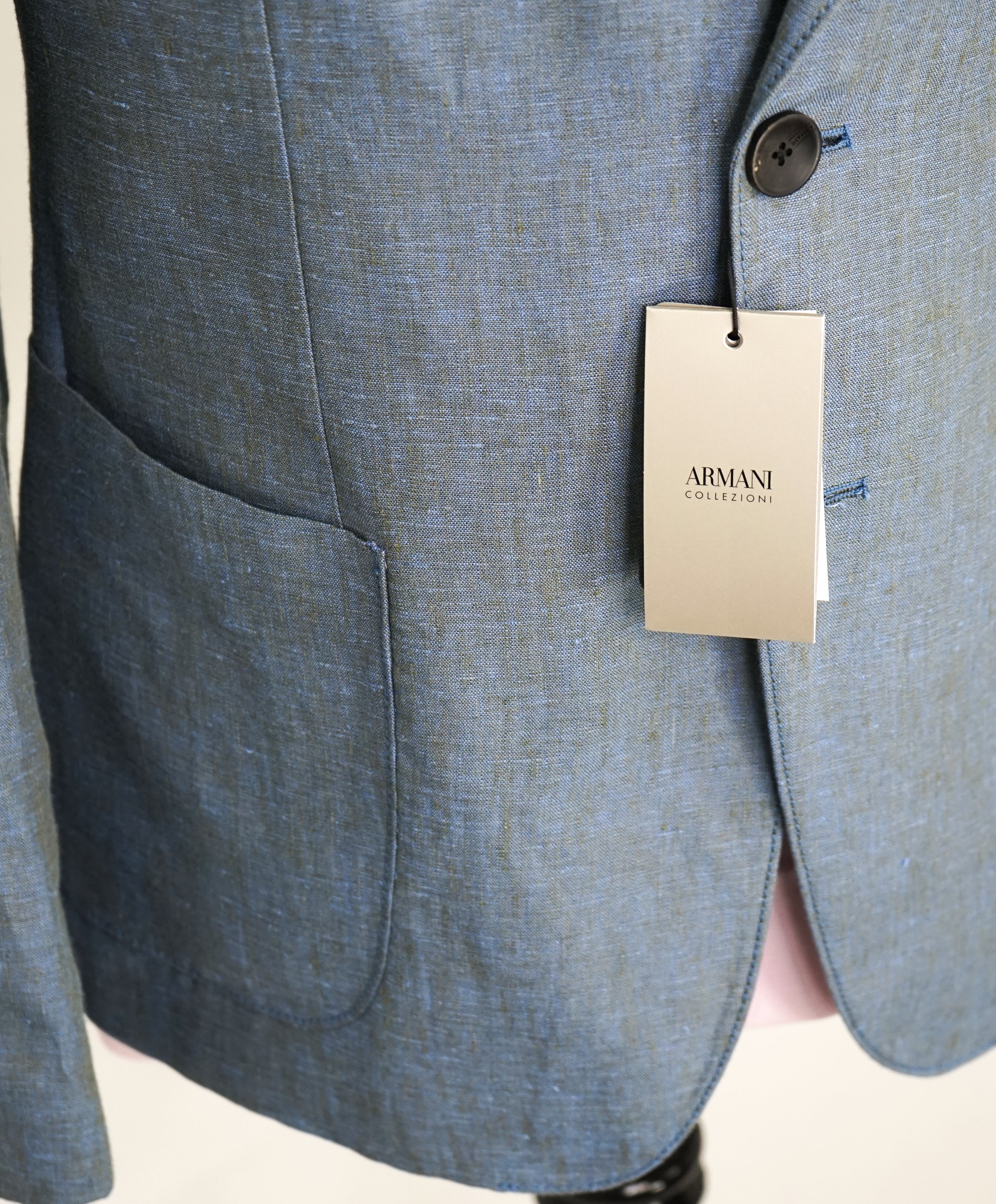 ARMANI COLLEZIONI - Medium Blue Melange Semi-Lined Linen Blazer - 40R