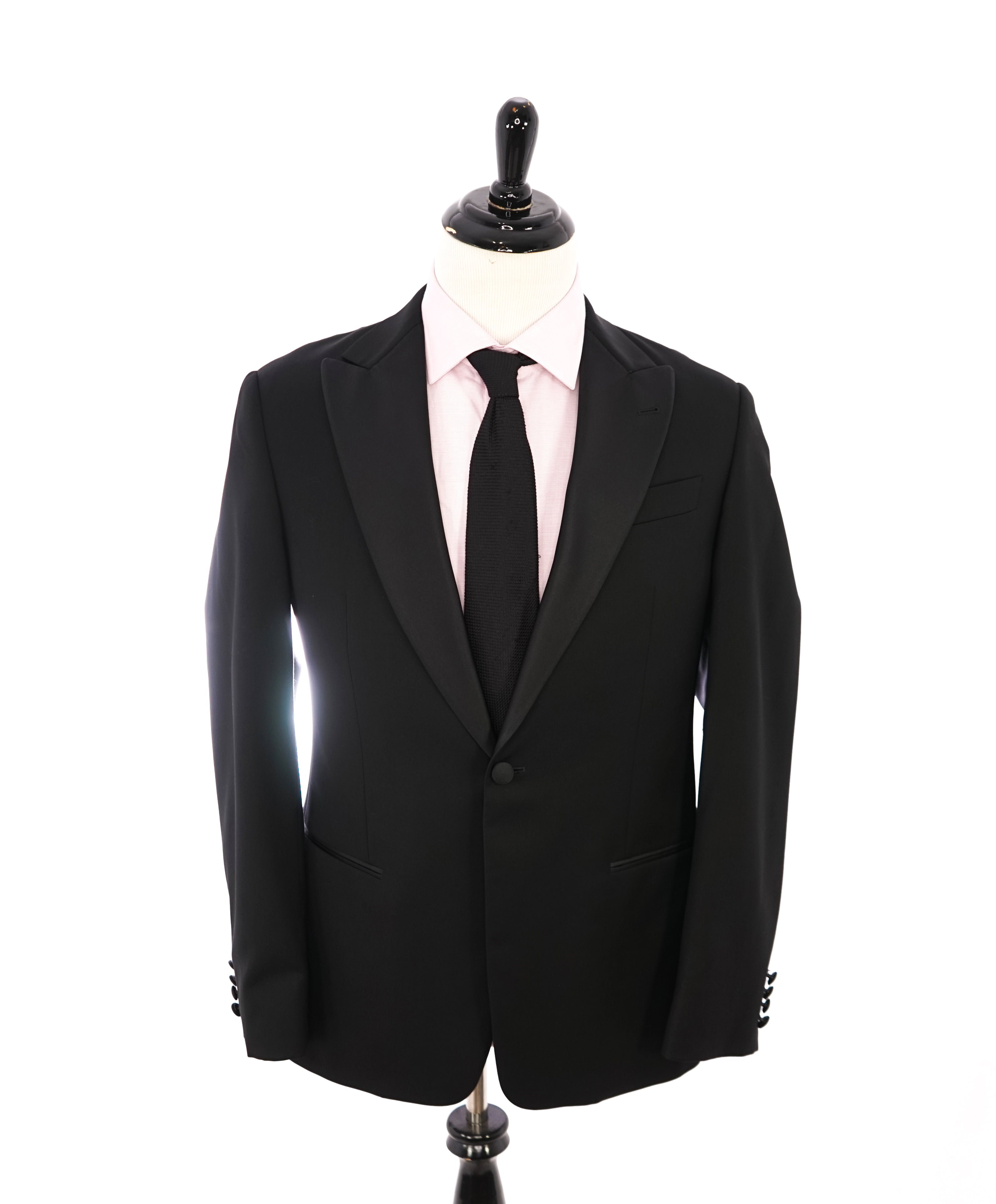 ARMANI COLLEZIONI -Wide Peak Lapel “G Line” Black Satin Detailed Tuxedo - 38R