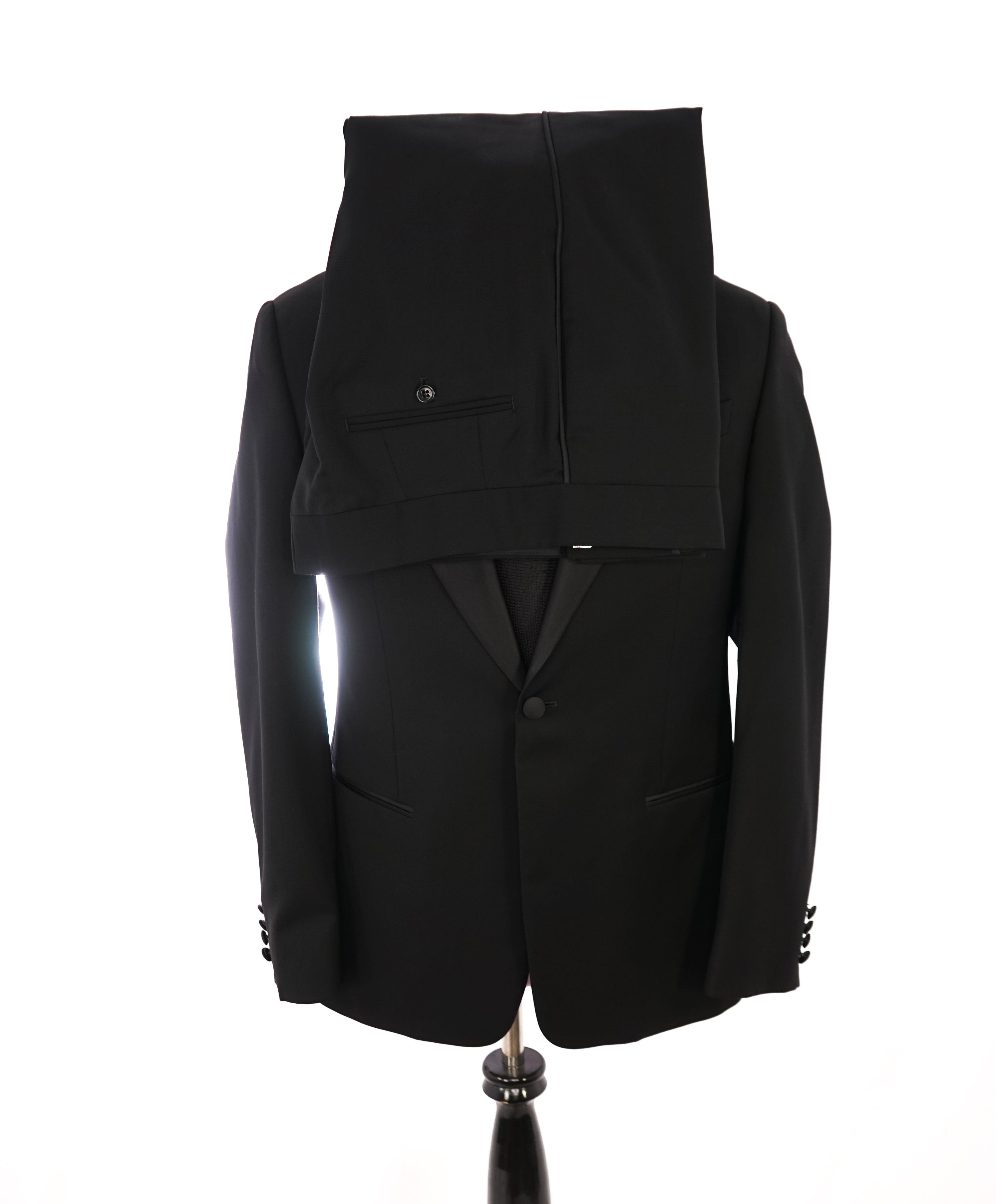 ARMANI COLLEZIONI -Wide Peak Lapel “G Line” Black Satin Detailed Tuxedo - 38R