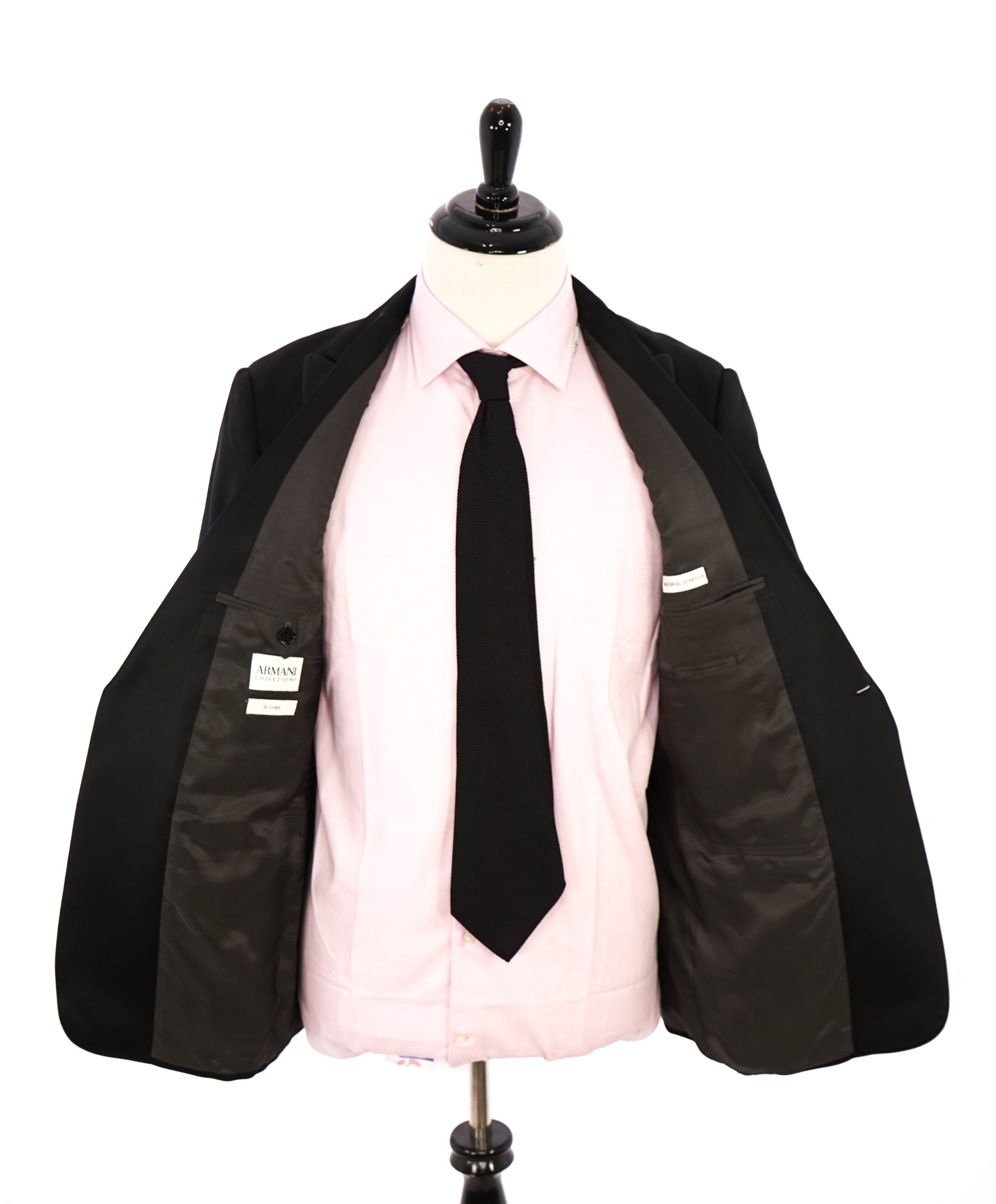 ARMANI COLLEZIONI -Wide Peak Lapel “G Line” Black Satin Detailed Tuxedo - 38R