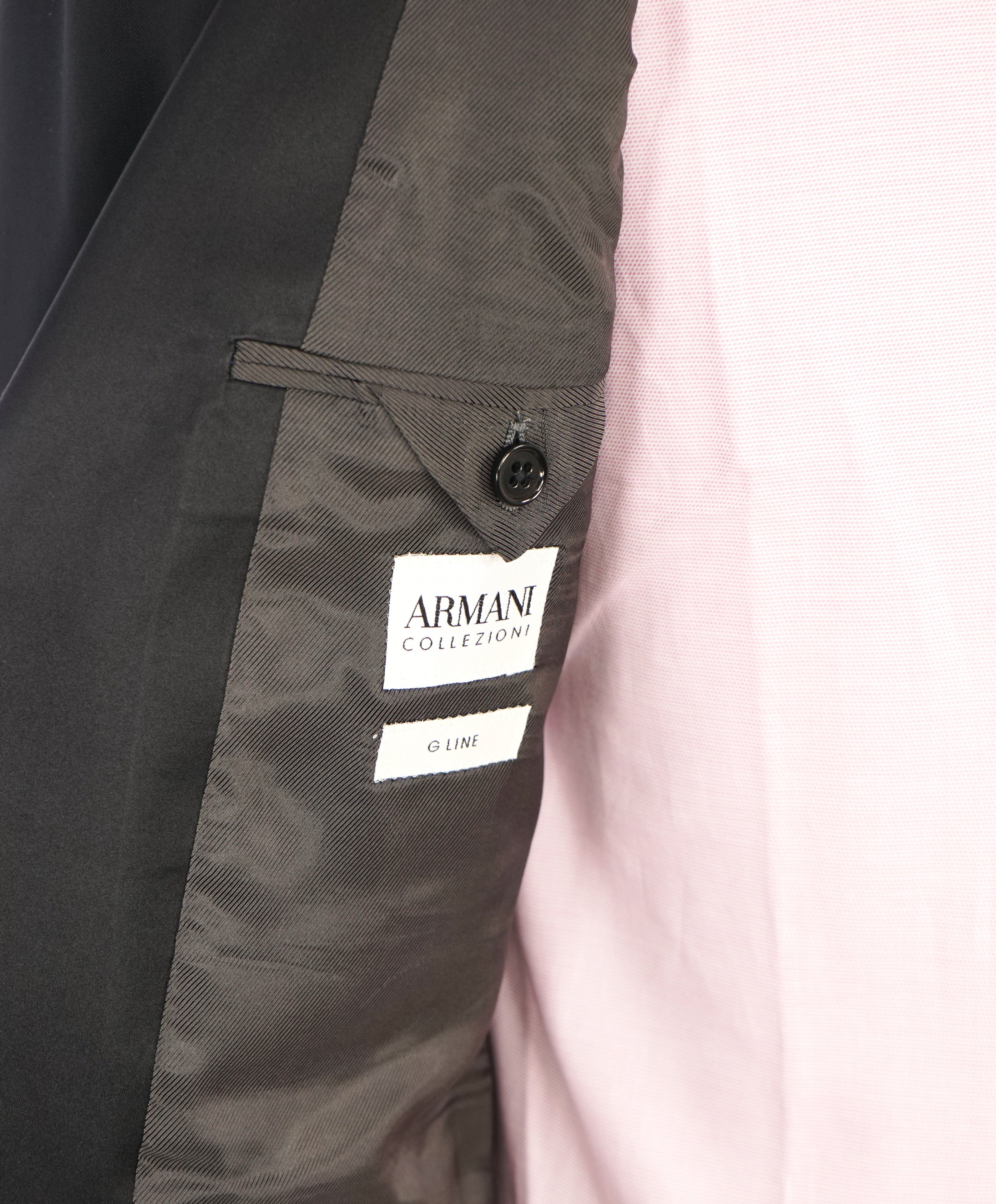 ARMANI COLLEZIONI -Wide Peak Lapel “G Line” Black Satin Detailed Tuxedo - 38R