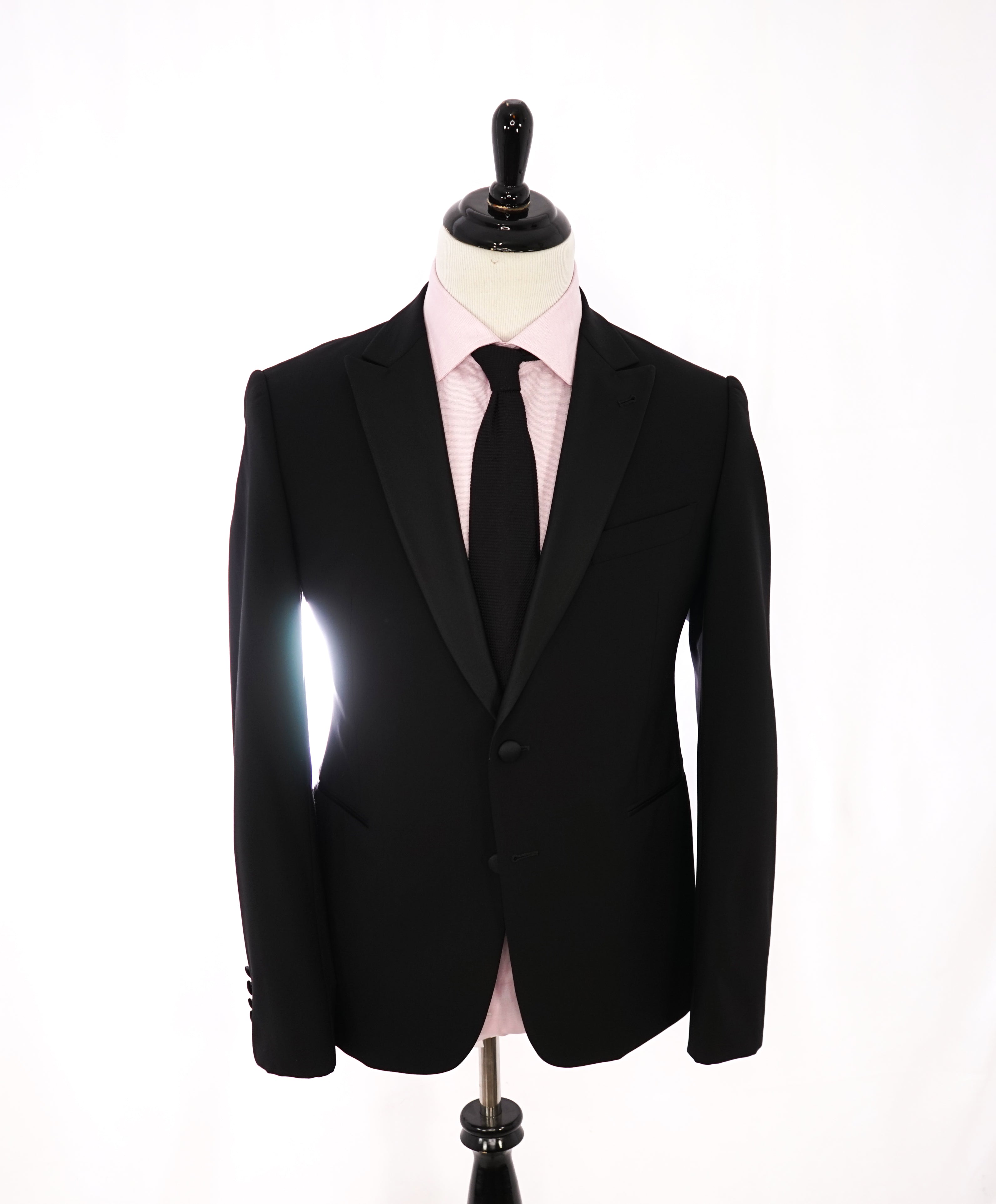 ARMANI COLLEZIONI -Wide Peak Lapel “M Line” Black Satin Detailed Tuxedo - 42R