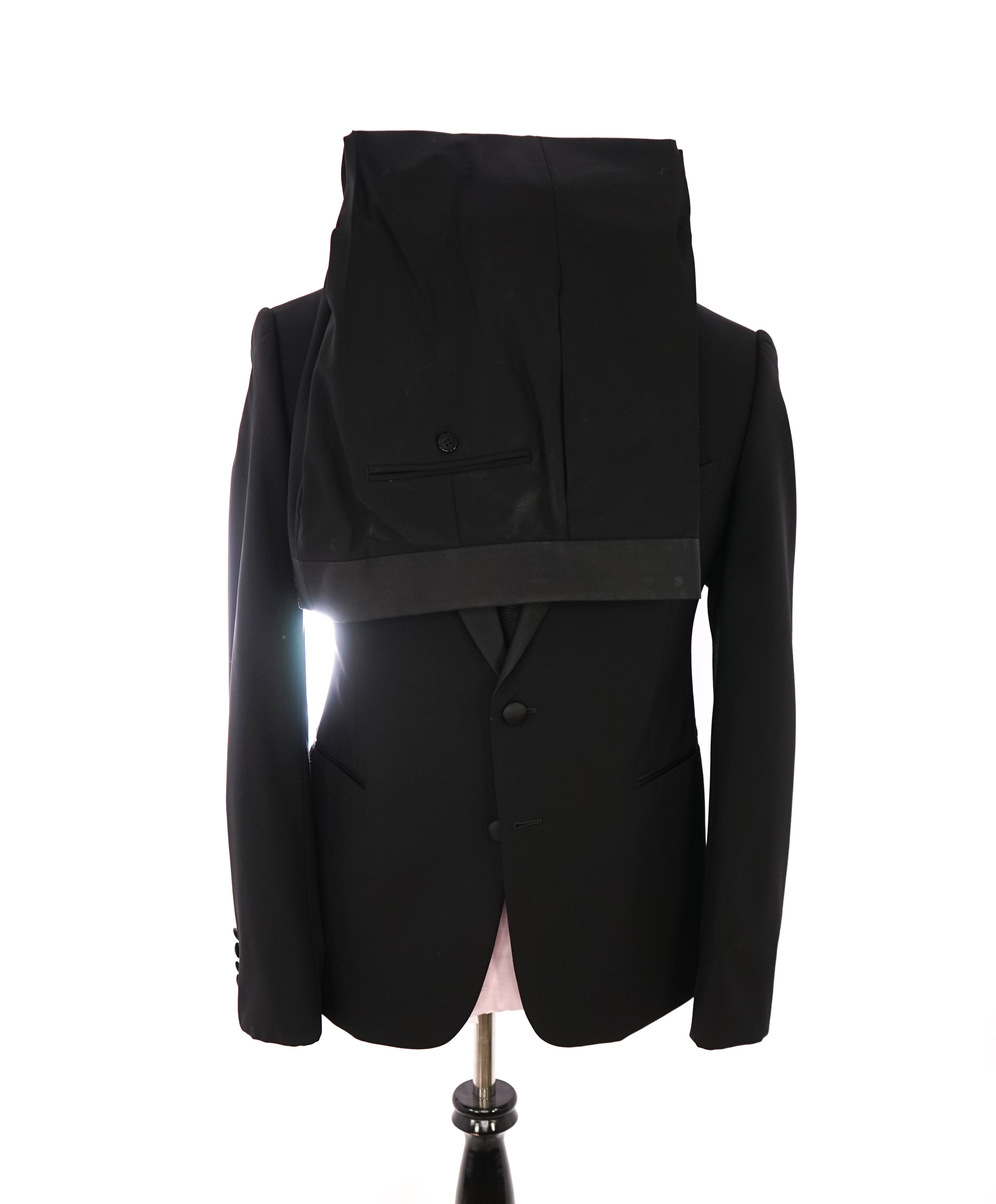 ARMANI COLLEZIONI -Wide Peak Lapel “M Line” Black Satin Detailed Tuxedo - 42R